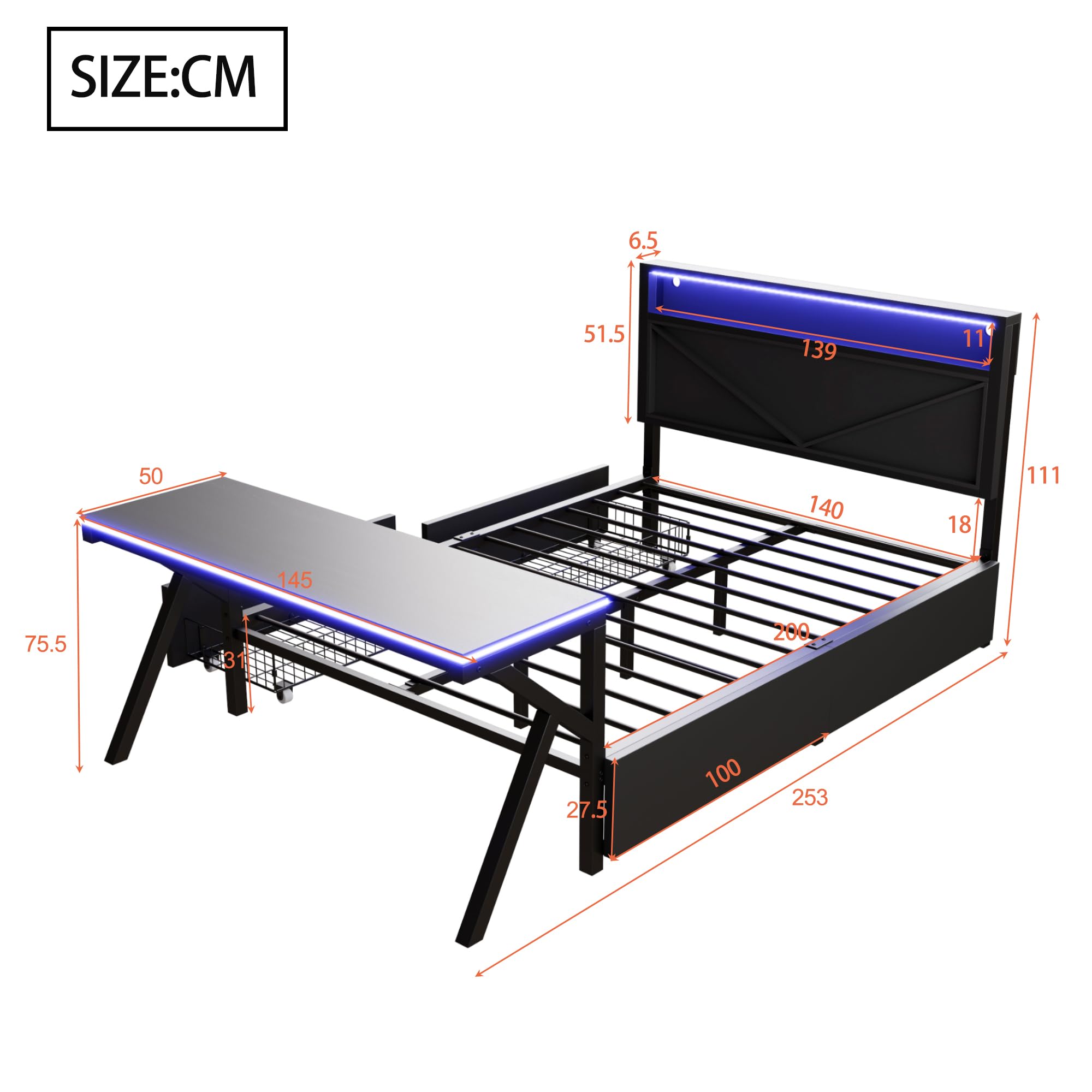 Plattformbett 140x200cm, Metallbett mit LED-Kopfteil&LED-Schreibtisch