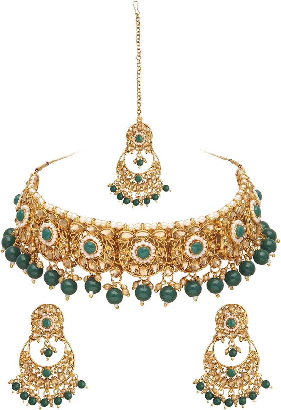 Bodha Traditional Indian Gold Plated Kundan Pearl Choker Bridal Necklace Combo Jewelry Set With Tikka and Earrings for Women (SJN_61_G), Brass, No Gemstone