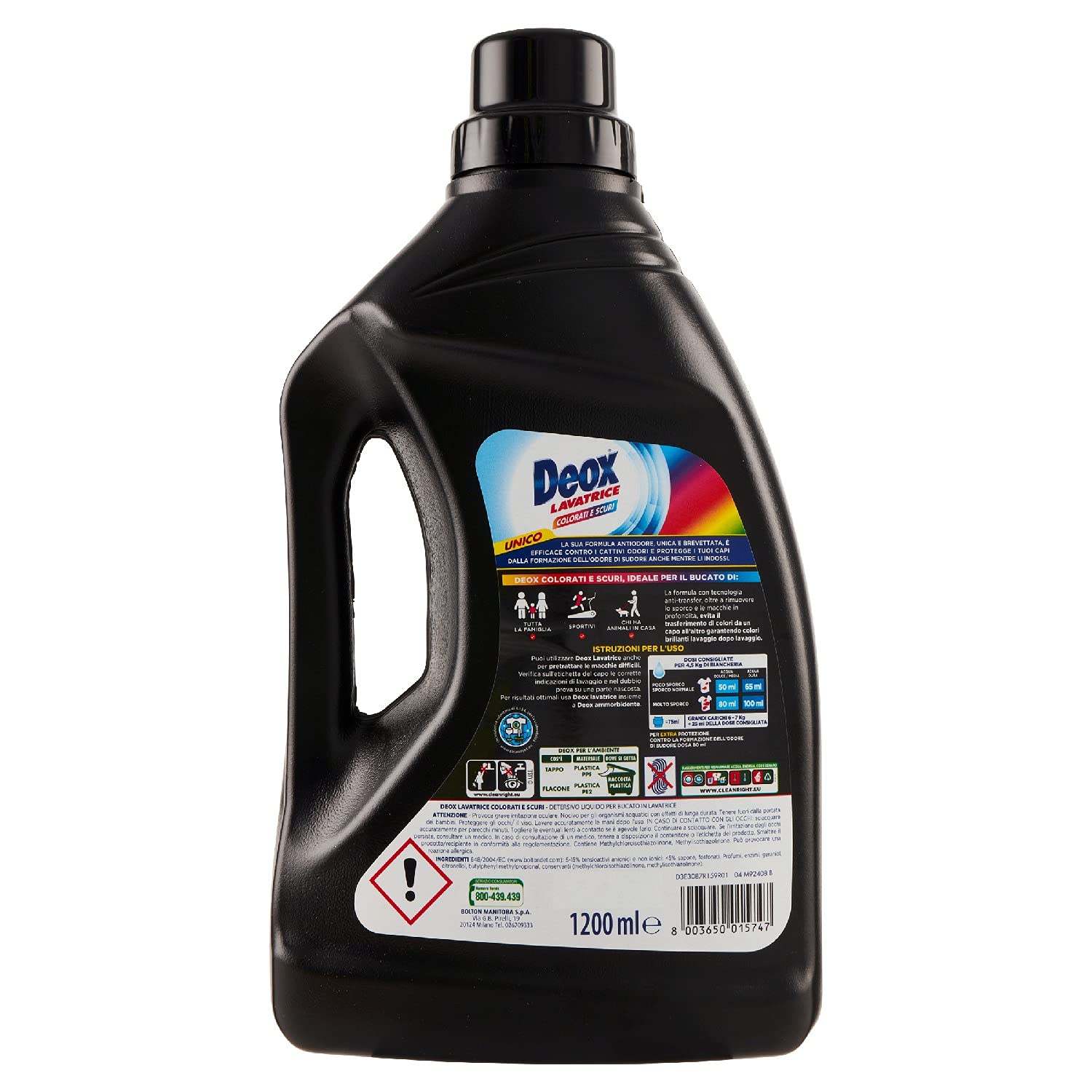 Deox - Detersivo Lavatrice Liquido Colorati e Scuri, 144 Lavaggi, Smacchia e Ravviva i Colori, con Tecnologia Anti-Transfer, 1200ml x 6 Confezioni