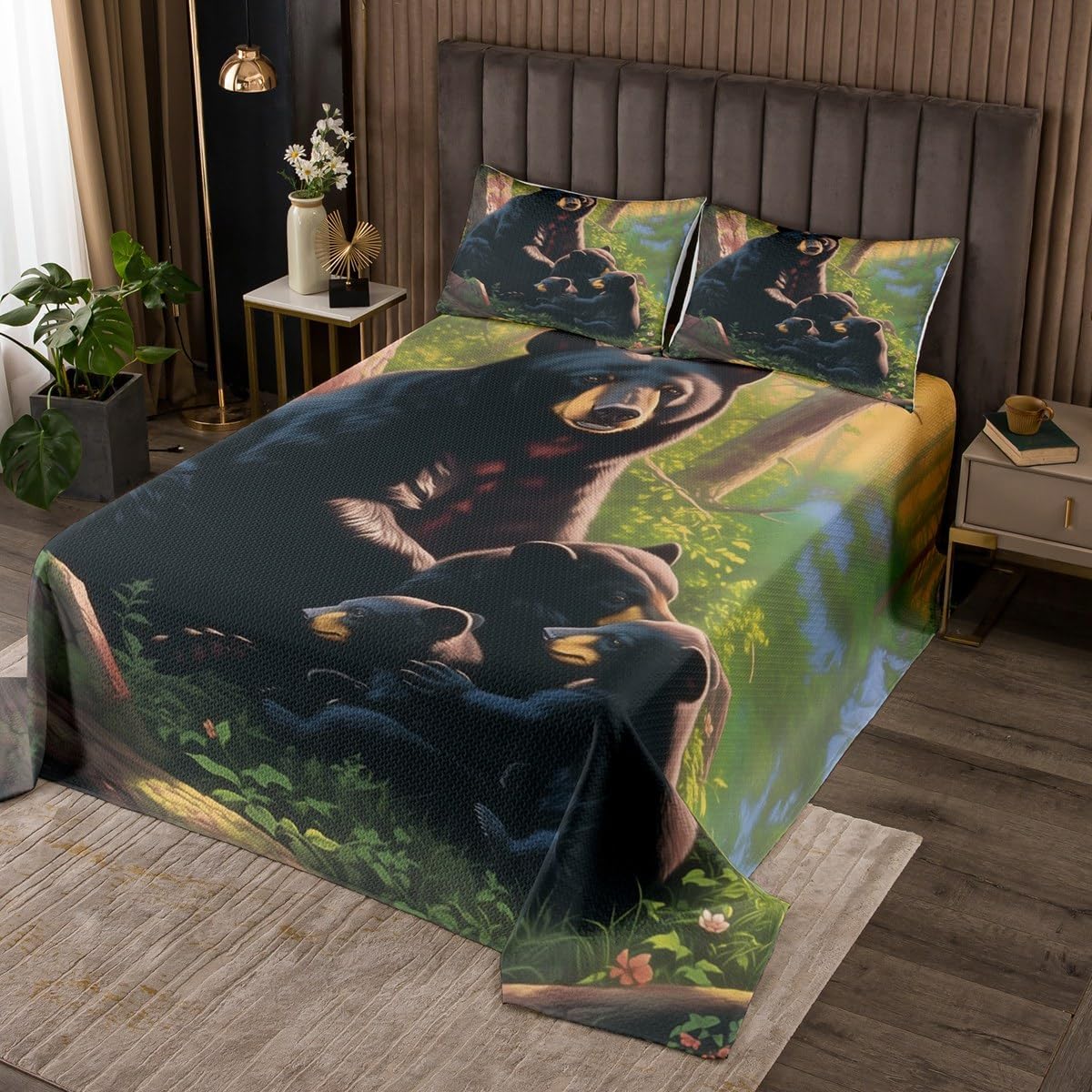 Erosebridal Black Bear Quilts Wild Animal Coverlet Set, Bear Decorations for Home Bedspread Sets Vintage Rustic Decor Quilt Set Twin