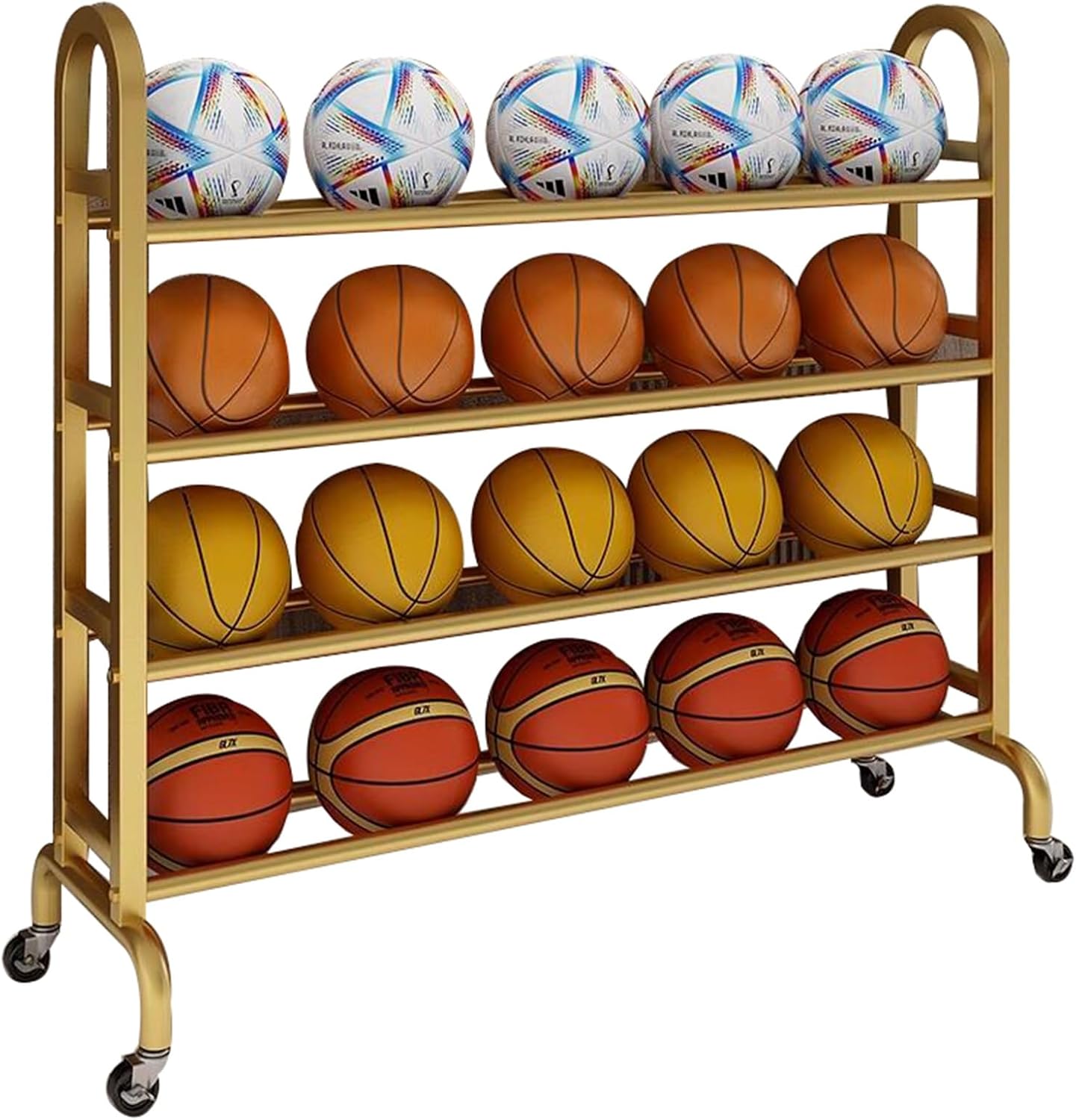 Large 4-Tier Ball Rack - Floor-Standing Sports Equipment Organizer for Gym, School, Garage - Holds Basketball, Soccer, Volleyball, Baseball - Gold Color,Gold