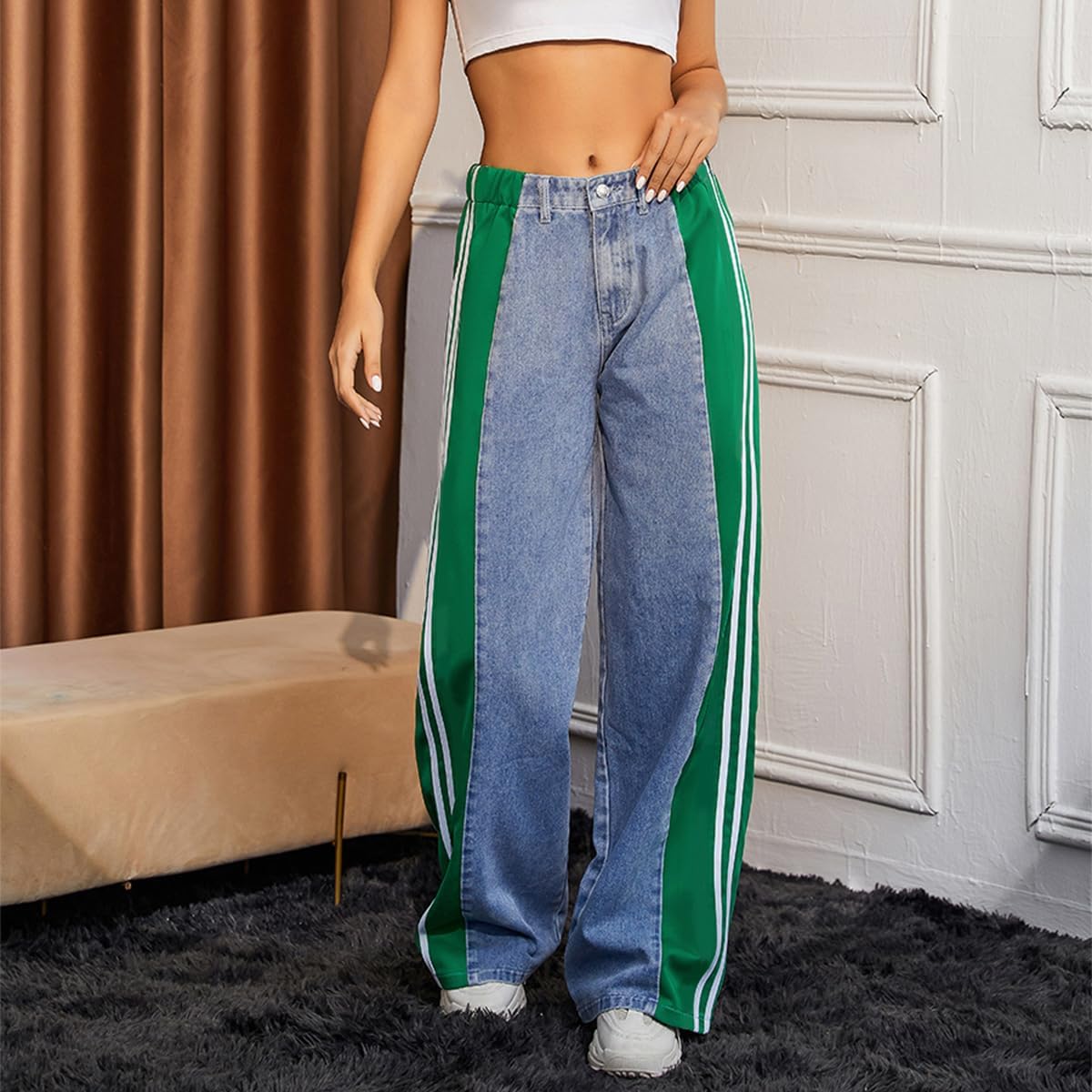 Women's High Waisted Patchwork Striped Wide Leg Jeans Y2K Baggy Color Block Loose Fit Denim Pants - Image 2
