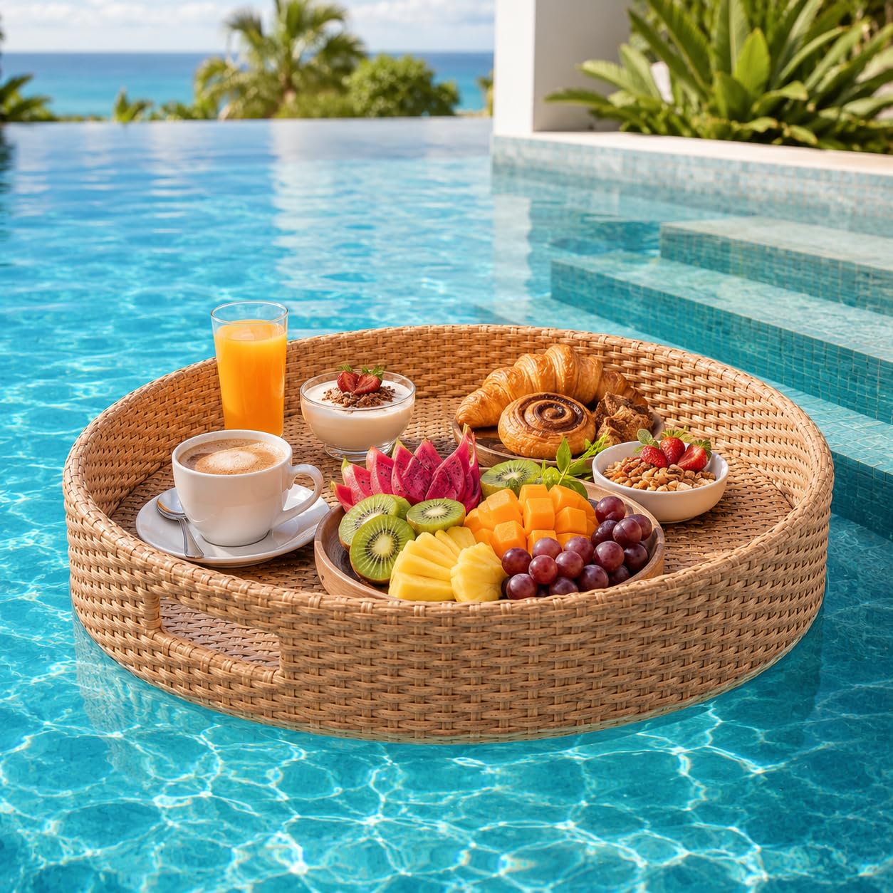 Vassoio Piscina in Rattan Resistente all’Acqua, 60 x 20 cm, 4 Colori RoundBeige