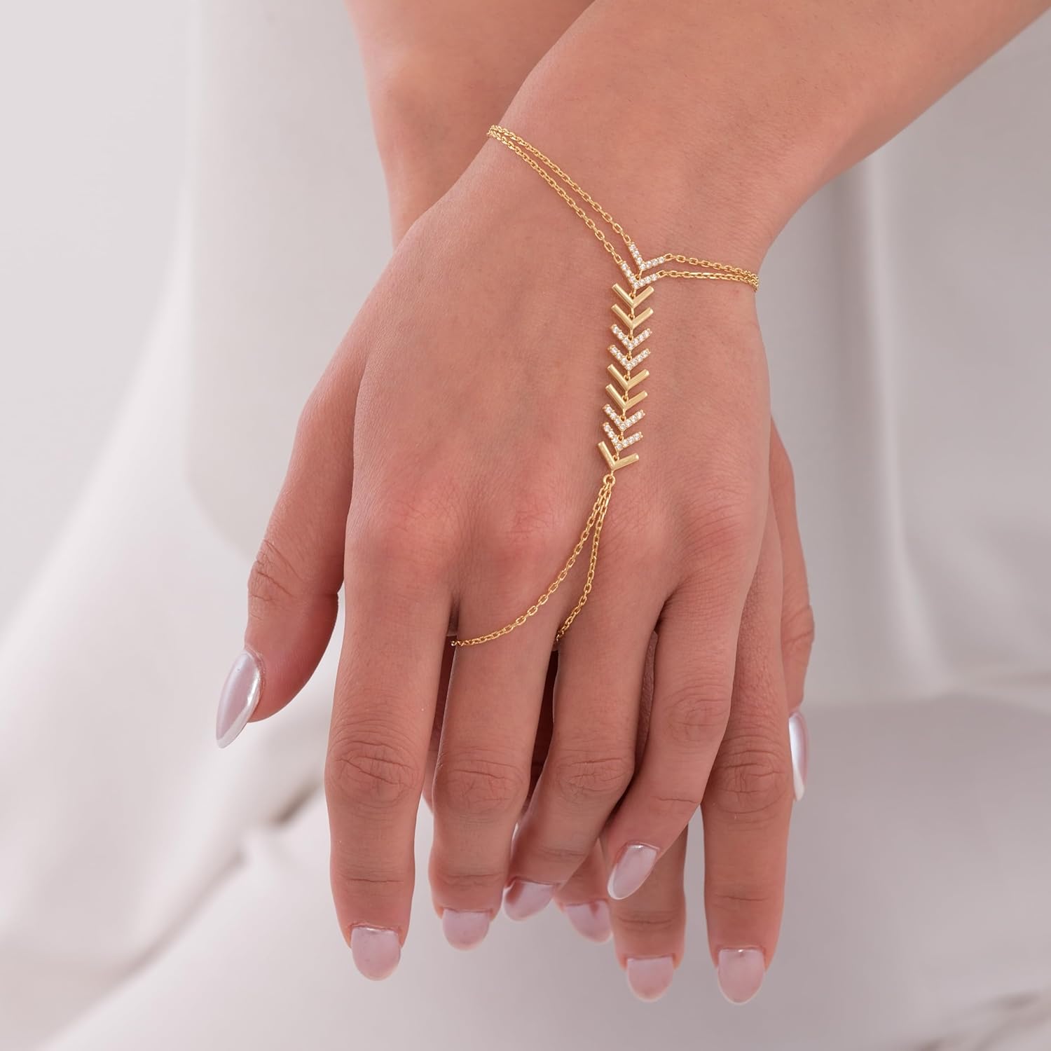MIONZA 18K Gold Vermeil Bracelet Ring Hand Chain, Adjustable Finger Bracelet, Dainty Charm Hand Jewelry for Women, Birthday Gift for Her