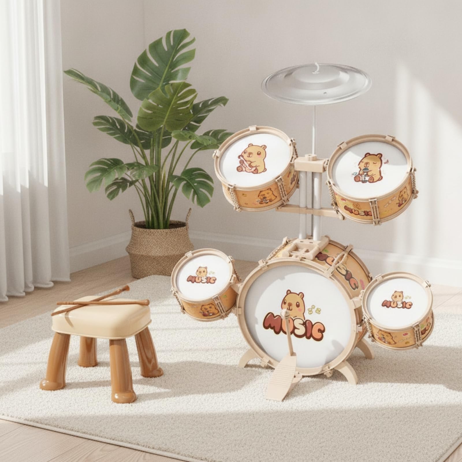 Batería Infantil Musical Conjunto de Tambores para Niños Kit de Percusión Juguete Educativo con Platillo y Asiento Ayuda al y la Melodía con , Capybara