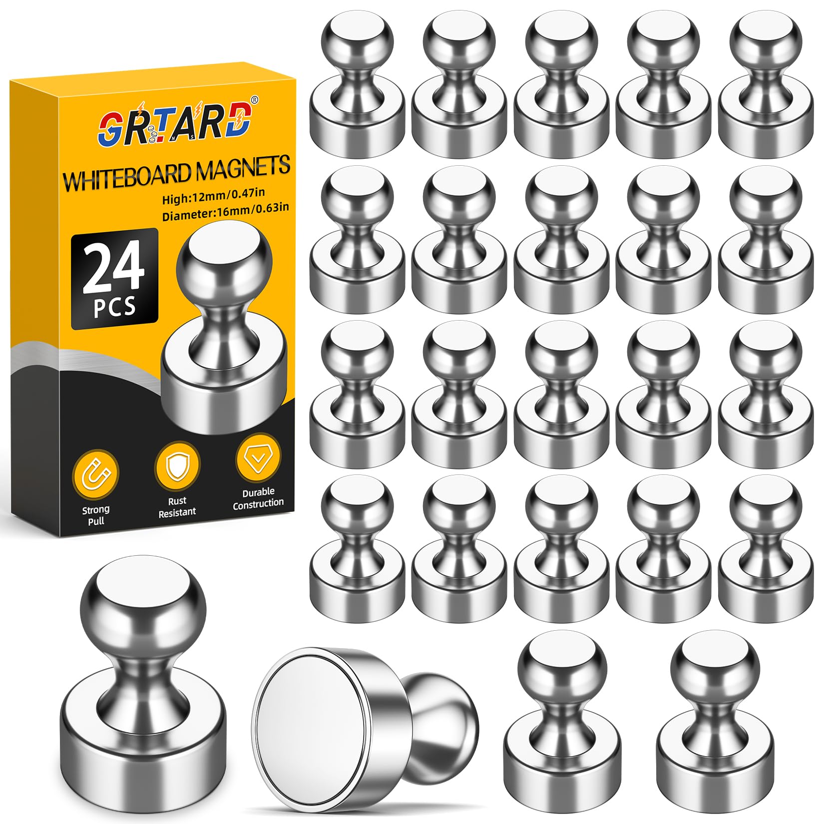 Grtard 24 Pack Magnetic Push Pins, Fridge Magnets for Whiteboard, Whiteboard Magnets Refrigerator Magnets, Small and Strong Push Pin Magnet for Office, School, Locker, and Map Magnet