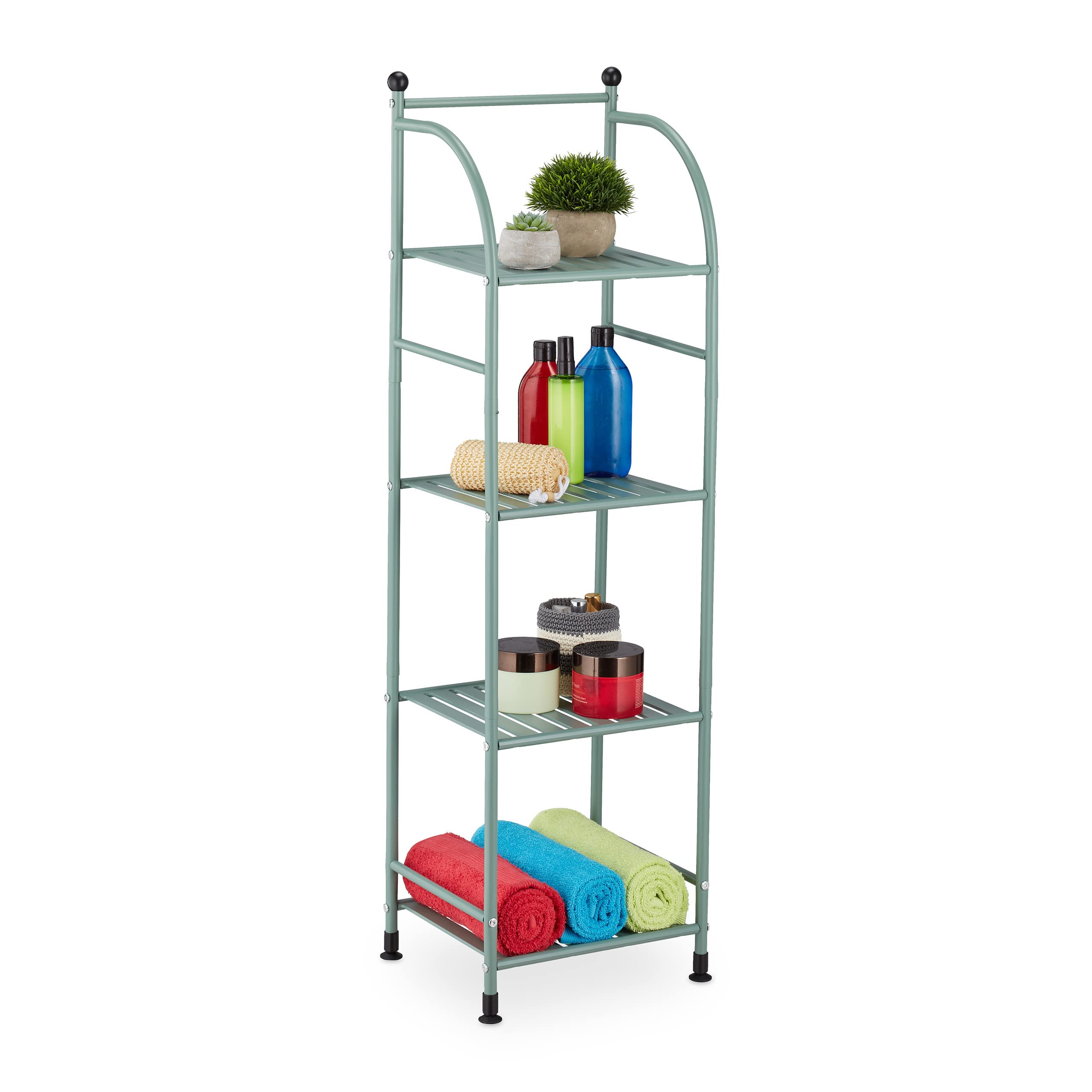 Relaxdays Narrow Storage Unit, 115 x 33 x 28 cm, Kitchen & Bathroom Shelf, 4 Lattice Trays, Metal Standing Tower, Green