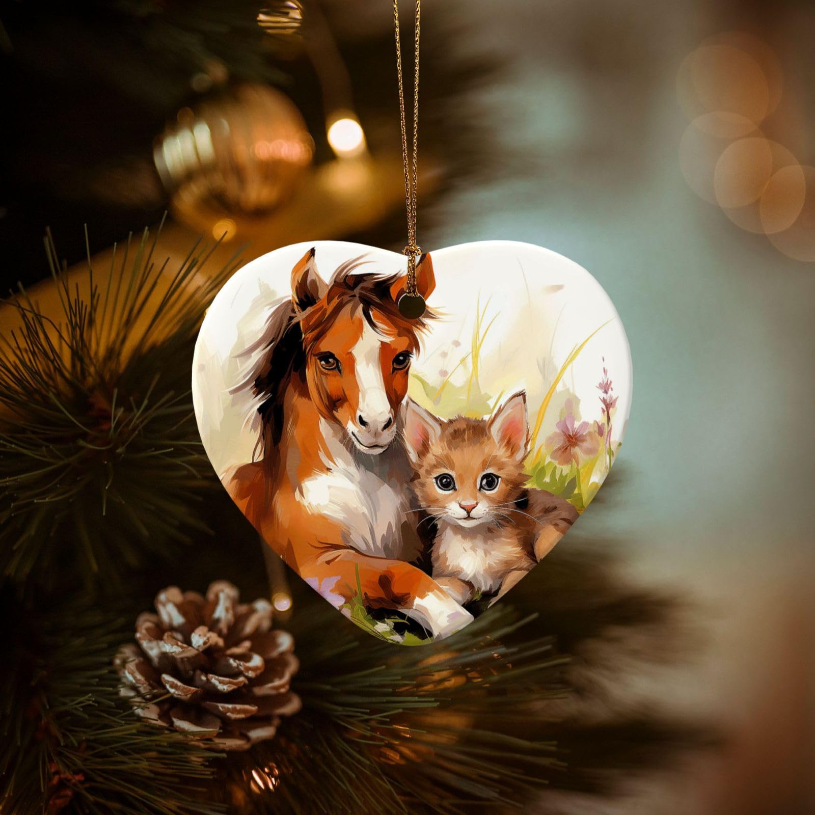 Christmas Ornaments for Christmas Tree Decoration Hanging Cute Horse and Cat Ornament with Gold Ribbon Crafts Heart Shape Ceramic Pendant for Keepsake Gifts Xmas Decor Party Supplies