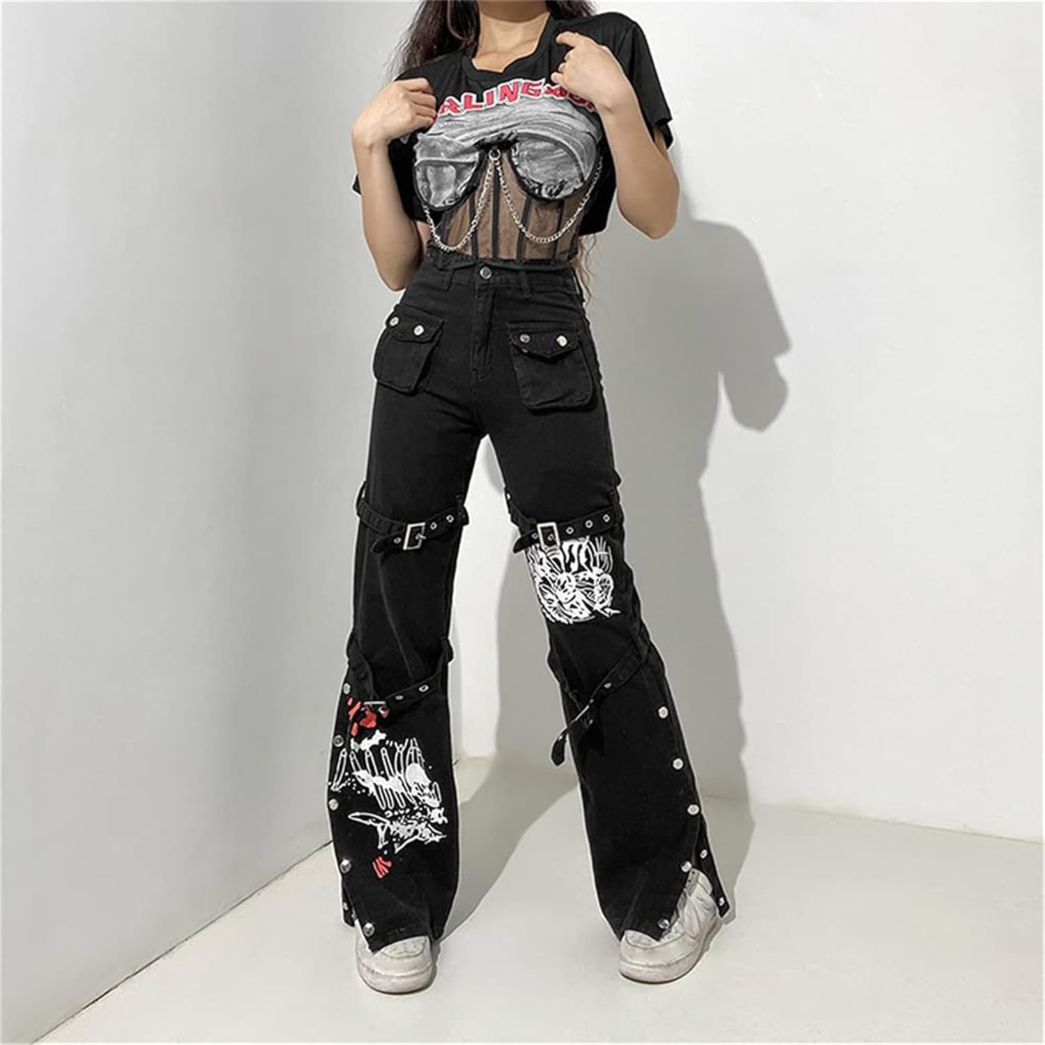 Harajuku Gothic Fashion Patchwork Black Jeans Punk Grunge Aesthetic Women Autumn Electro Pants Emo Printed Streetwear - Image 3