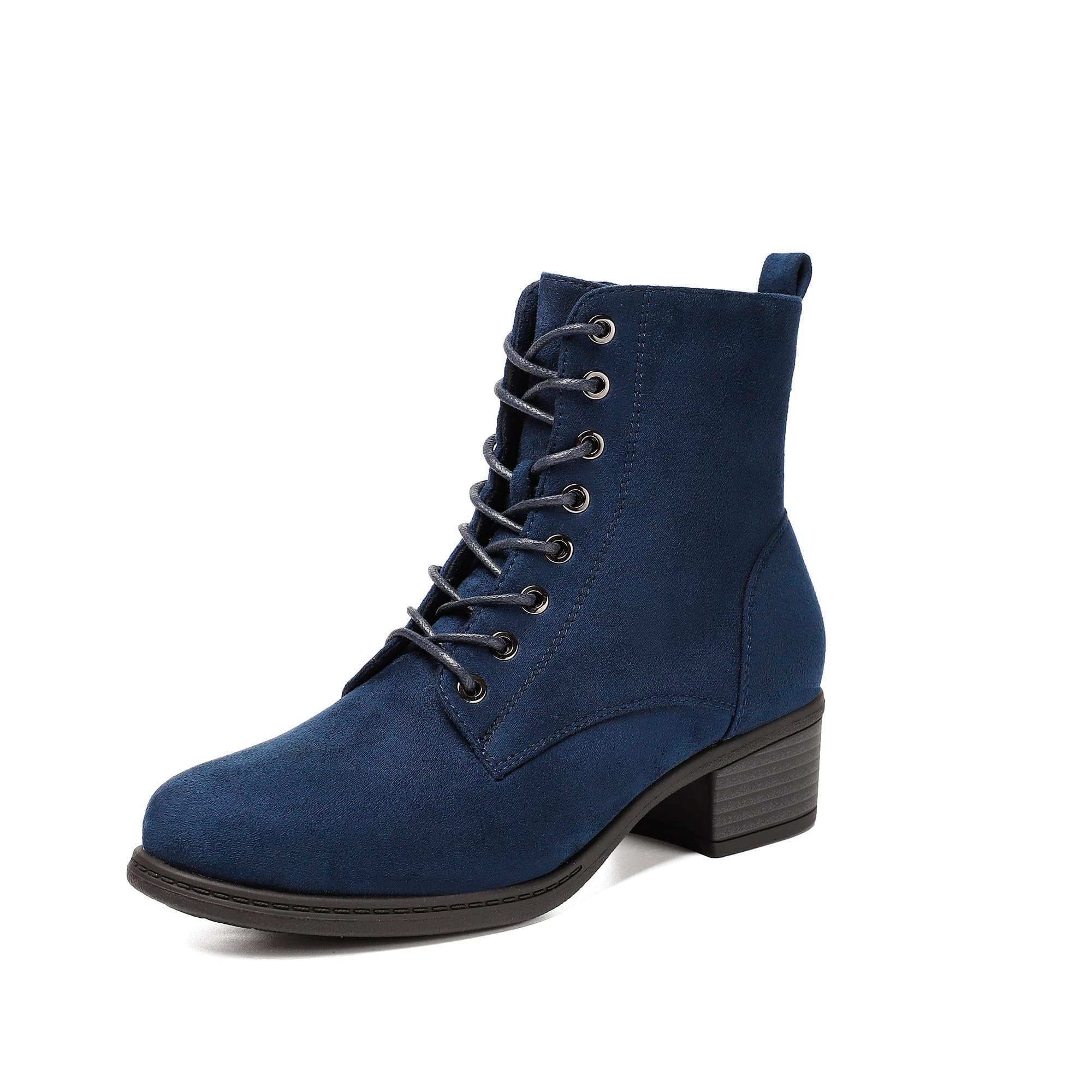 VJH confort Womens Fashion Ankle Boots Low Heels Chunky Lace-up Combat Bootie with Side Zipper NAVY BLUE 8