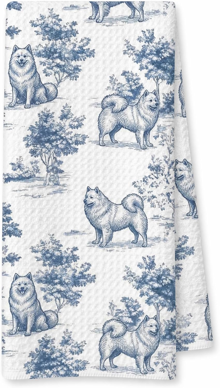 Blue and White Chinoiserie American Eskimo Dog Gift Hand Towels for Bathroom Kitchen, American Eskimo Gifts for Women, Vintage Toile De Jouy Dog Kitchen Dish Tea Towels, 16X24 Inch