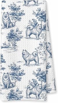 Blue and White Chinoiserie American Eskimo Dog Gift Hand Towels for Bathroom Kitchen, American Eskimo Gifts for Women, Vintage Toile De Jouy Dog Kitchen Dish Tea Towels, 16X24 Inch