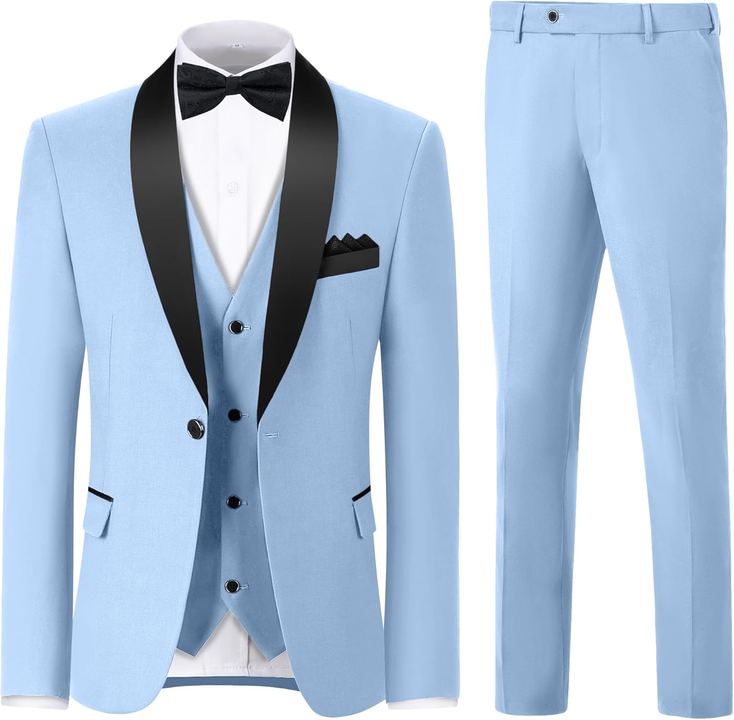 Men's 3 Piece Slim Fit Suit One Button Shawl Lapel Jacket Vest Pants Tuxedo Set with Bow Tie Pocket Square