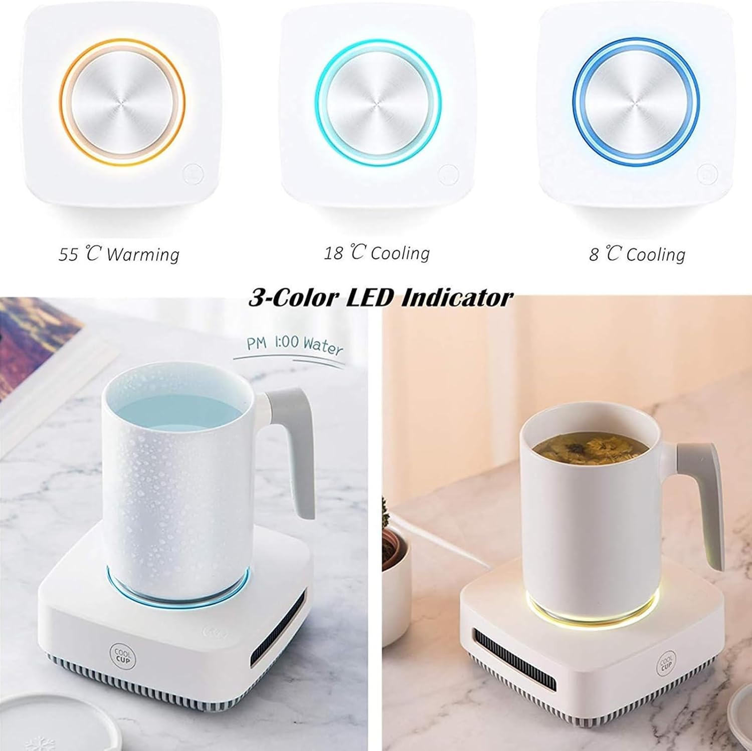 Coffee Mug Warmer and Coole for Desk, with Intelligent Reminder to Drink Water, 3 Temperature Adjustable, Easy to Clean Quiet One-Button Operation Easy to Use for Water Milk