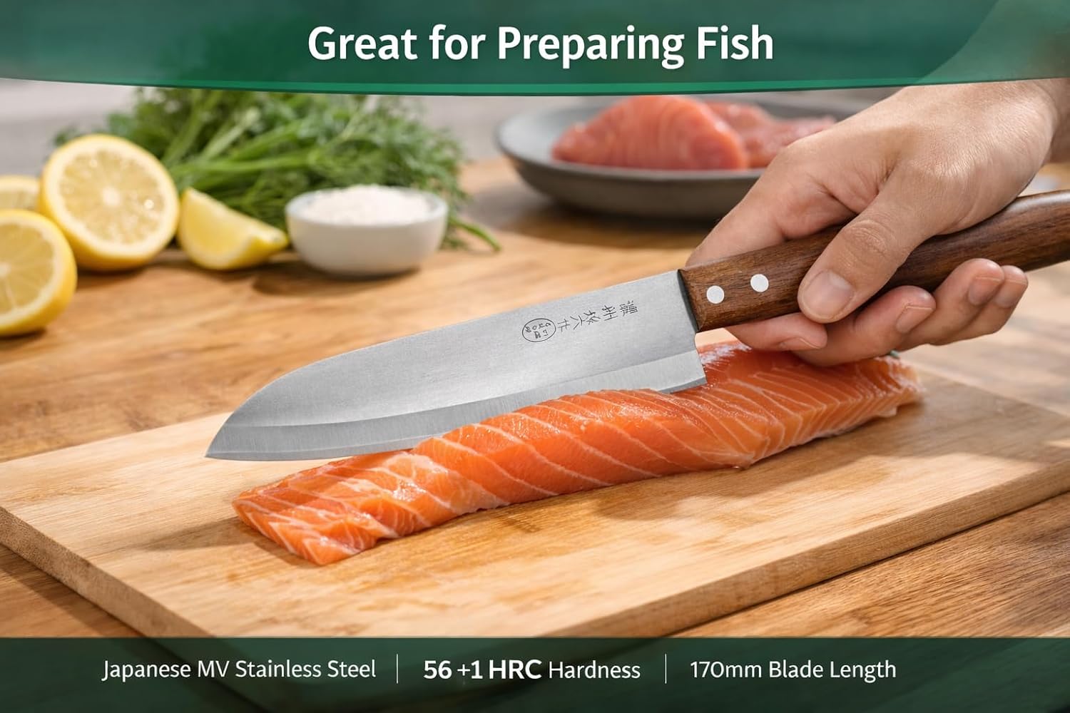 Japanese Style Santoku Knife, 170mm, Stainless Steel Blade, Wooden Handle