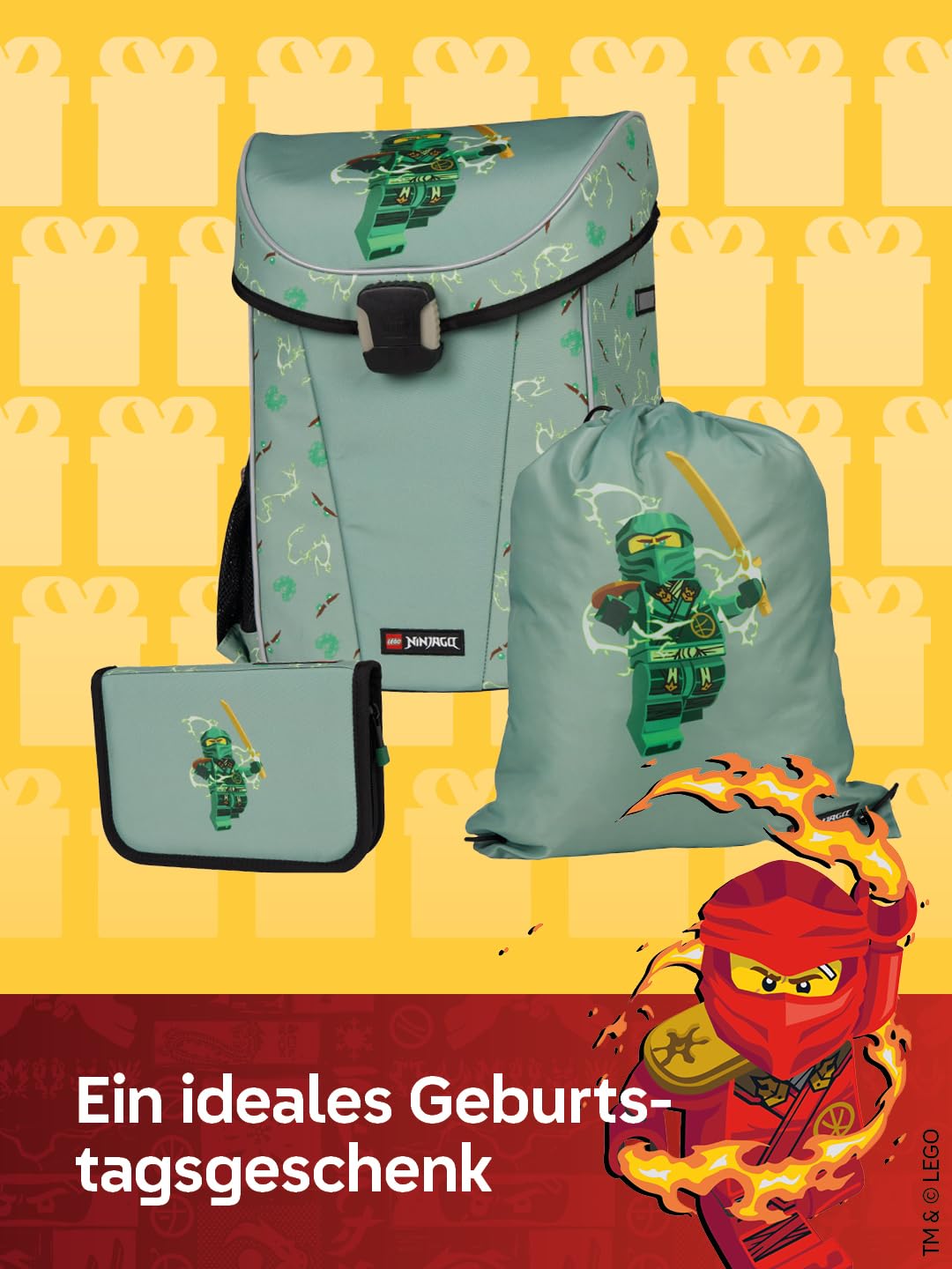 LEGO® NINJAGO® Schulranzen Jungen 1. Klasse Spinjitzu Master – 3-teiliges Easy Light Schulranzen Set mit Rucksack, Federmäppchen Junge & Turnbeutel – leicht & reflektierend