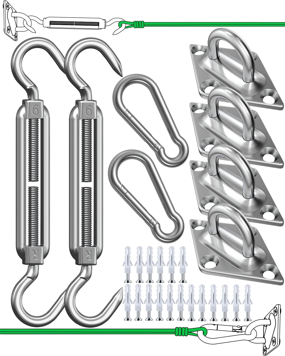 EVERSEE Sun Shade Sail Hardware Kit 6-8 inch 304 Stainless Steel for Rectangular/Square/Triangle Sun Shade Sail Installation Patio Lawn and Garden, Heavy Duty Anti-Rust Sail Shade Hardware Kit, 40 Pcs