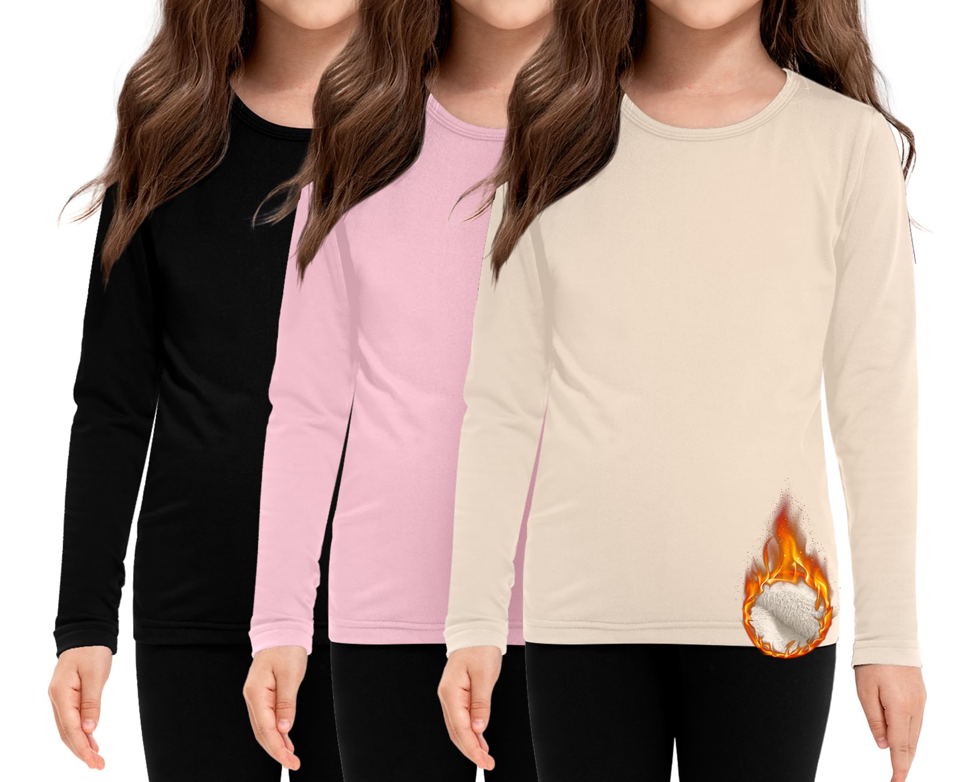 Silkfly 3 camisetas térmicas para niñas y niños, camiseta interior de manga larga con forro polar y capa base, ropa interior juvenil para invierno
