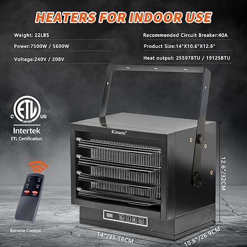 Miniatura 6 de Calentador eléctrico de garaje de 7500W, calentador de taller de montaje en techo de 240V, calentadores cableados con control remoto, calentadores