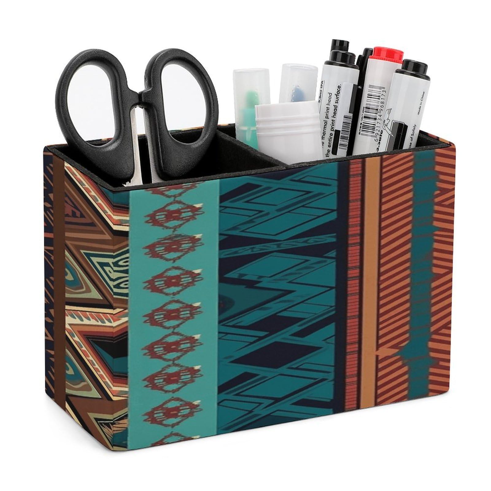 VstaDank Southwest Native Art Patterns Pen Holder Double Compartments Pen Cup Fashion Makeup Brush Holders Leather Pencil Holder for Work Locker Accessories Modern Pencil Cup for Desk Organizer