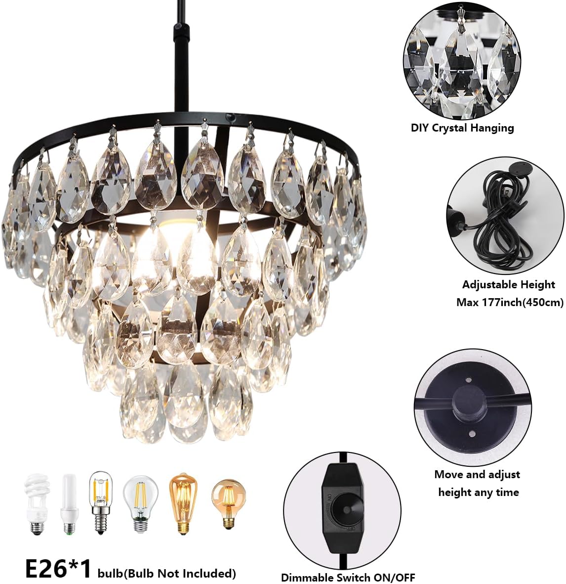Sedelan Plug in Chandelier, Crystal Hanging Lamp, Mini Hanging Lights with Plug in Cord for Closet Bedroom, Modern Pendant Light Fixtures, Adjustable Height Black