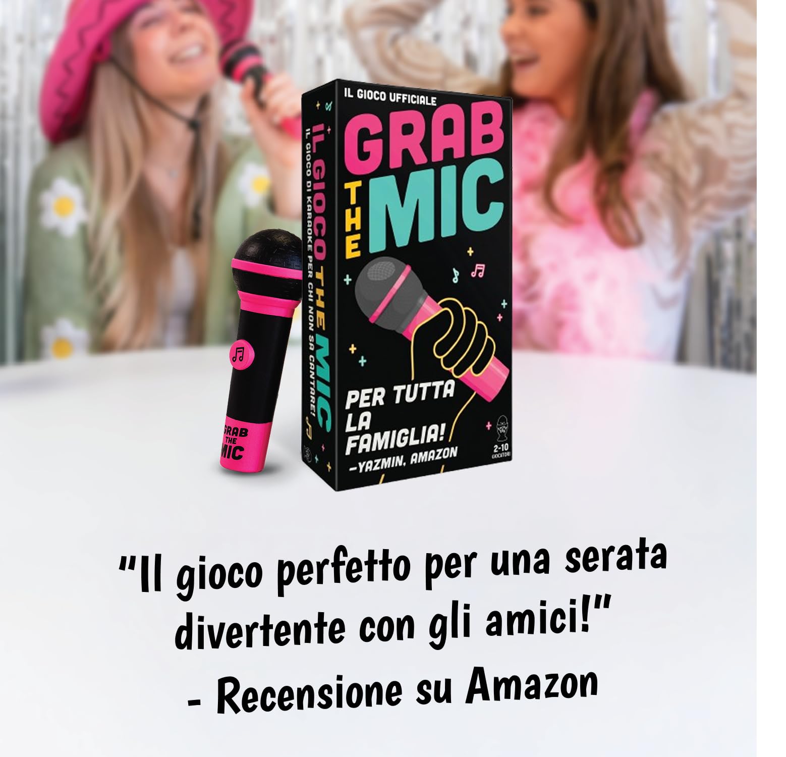 Grab The Mic – Giochi Da Tavolo Karaoke Per Tutta La Famiglia Con Microfono In Schiuma, Dai 8 Anni In Su, Da 2 A 10 Giocatori - Giochi Per Chi Non Sa Cantare Con 240 Testi - 120 Carte - Prima Edizione