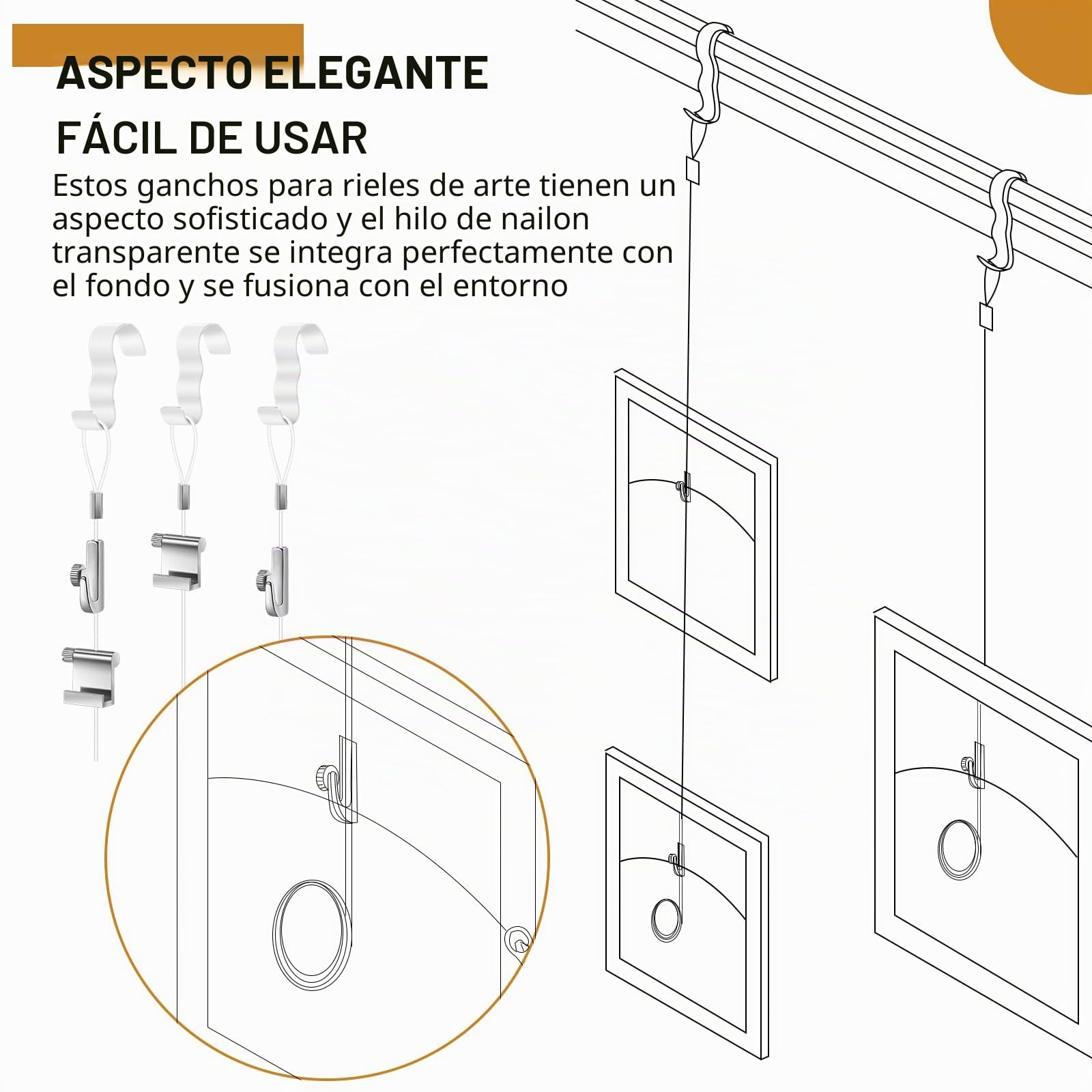 Sistema de riel para colgar fotos, ganchos de moldeo con cordón de nailon invisible y ganchos ajustables para fotos de pared, exposición, suministros de galería de arte, color blanco (10 unidades)