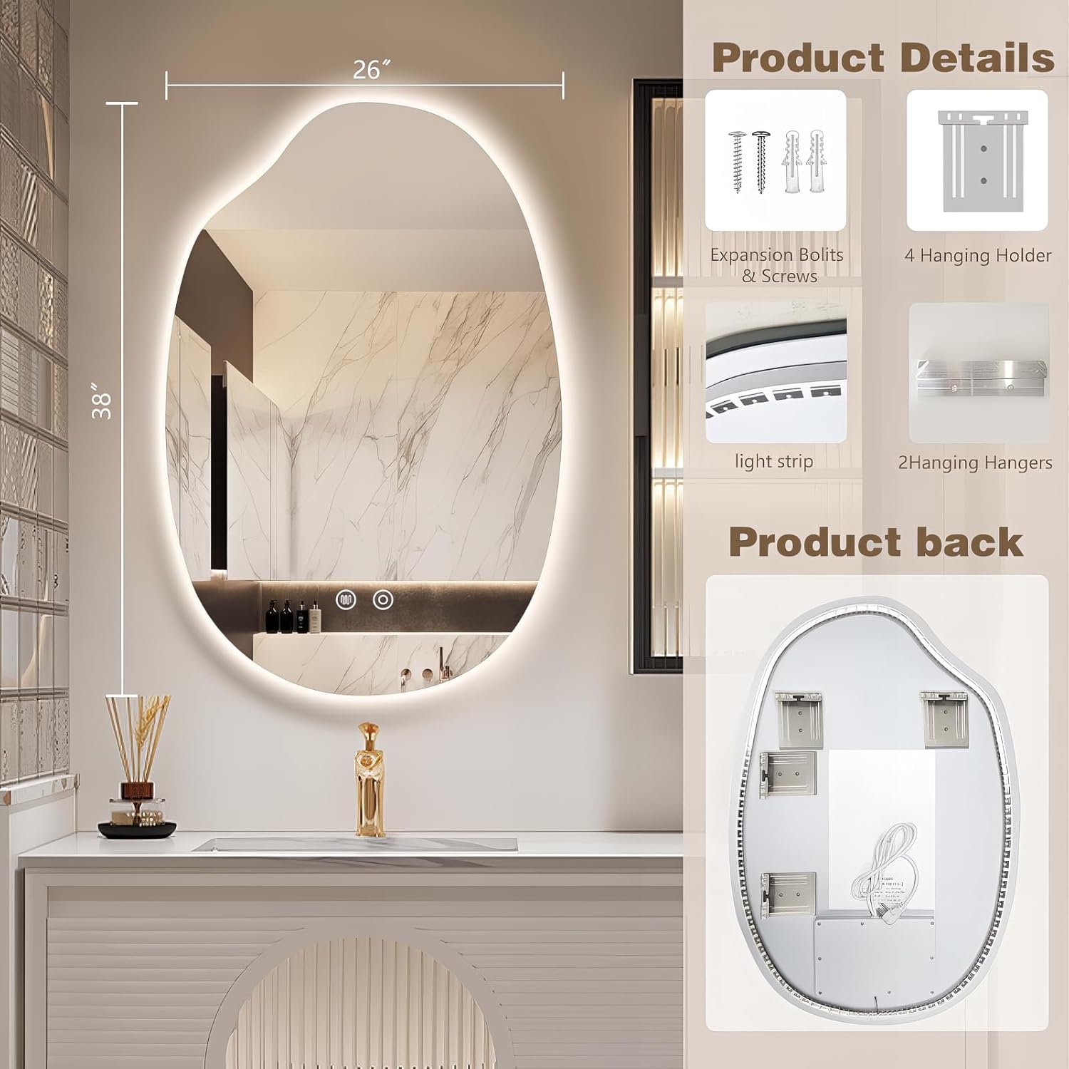 38"x26" Asymmetrical Led Mirror for Bathroom, Irregular Backlit Vanity Mirror with Lights, Frameless Smart Mirror, 3 Colors Stepless Dimmable, Anti-Fog, Memory, CRI95+, Horizontal/Vertical