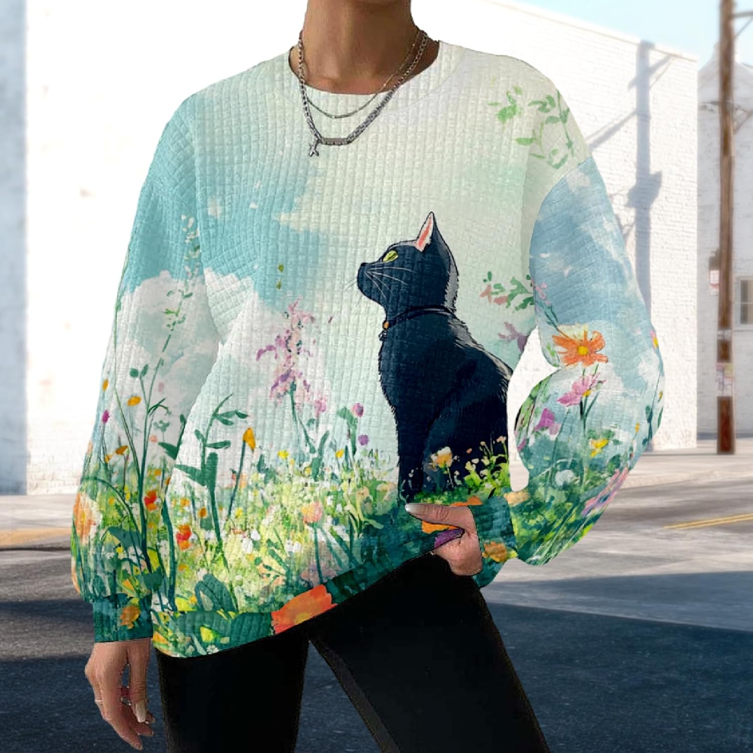 Waffle Sweatshirt Women Cute Funny Long Sleeve Crew Neck Fall Sweatshirts Cat Graphic Pullover Trendy Outfits - Image 2