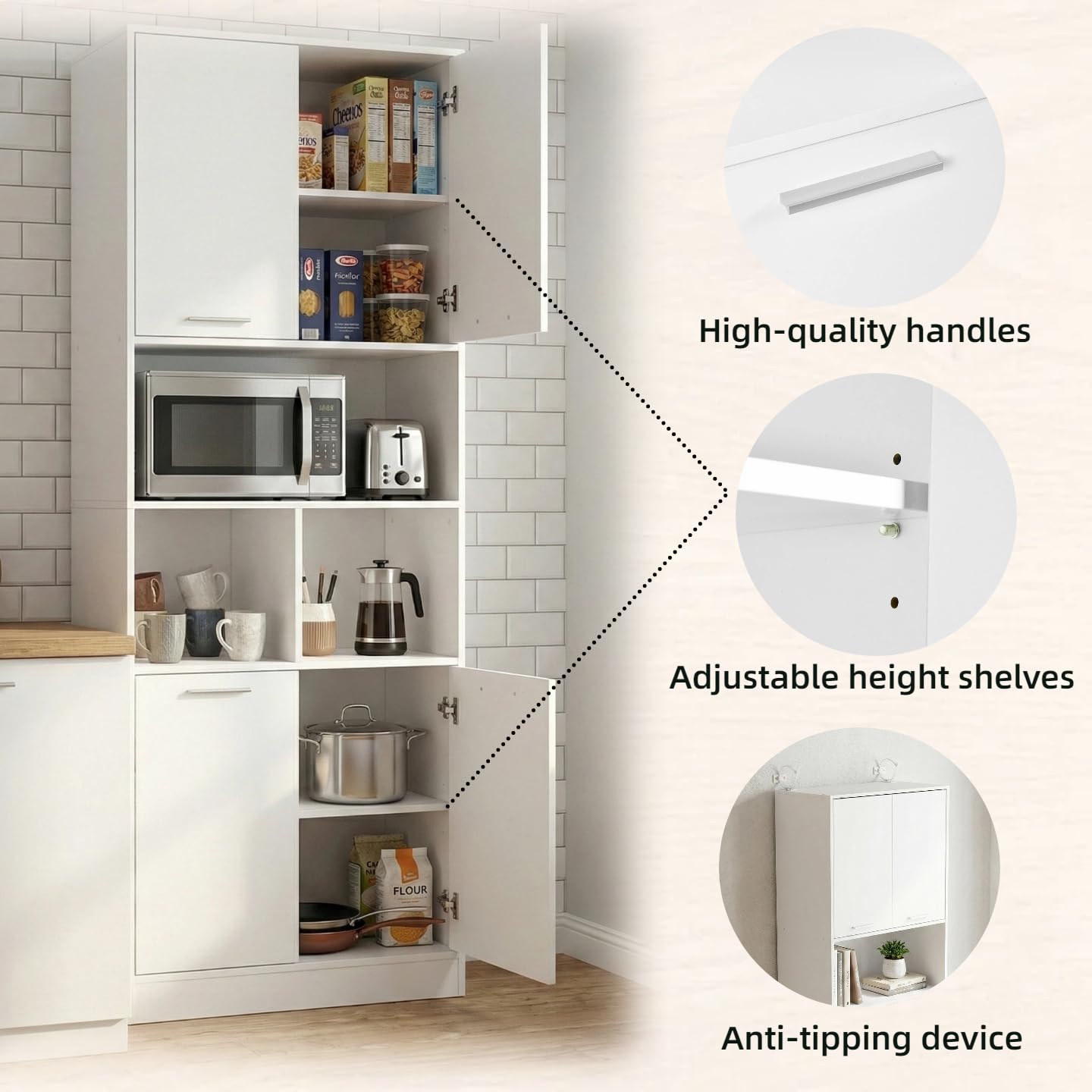 Küchenschrank Hochschrank (60x40x180,5 cm), Mehrzweckschrank mit 4 Türen & & 3 Fächern,verstellbaren Einlegeböden, Vorratsschrank für Küche, Badezimmerschrank & Wohnzimmerschrank, Weiß matt