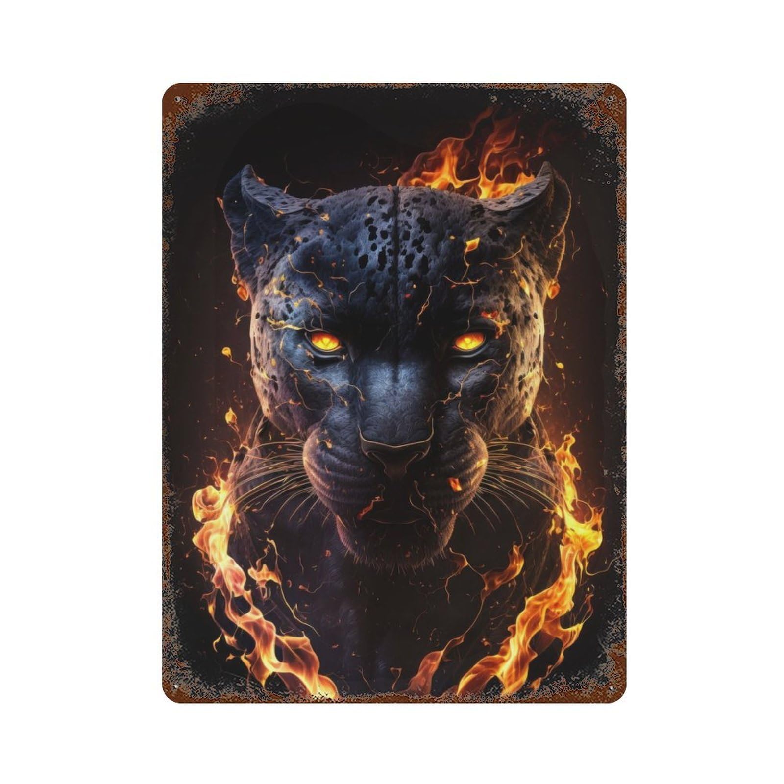 Rust Effect Fiery Flames Black Panther Weathered Tin Sign 15.7"x11.8", Shabby Chic Decor for Patio, Garden Room And Bar Decor