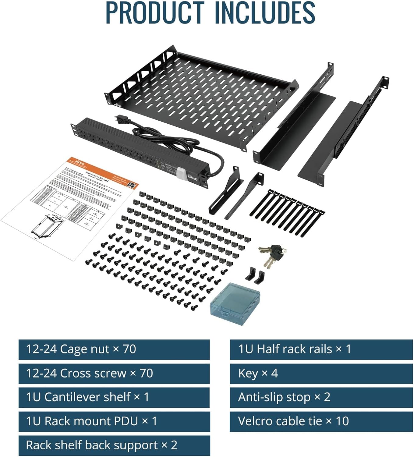 Product includes various components for the Tecmojo 42U Server Rack