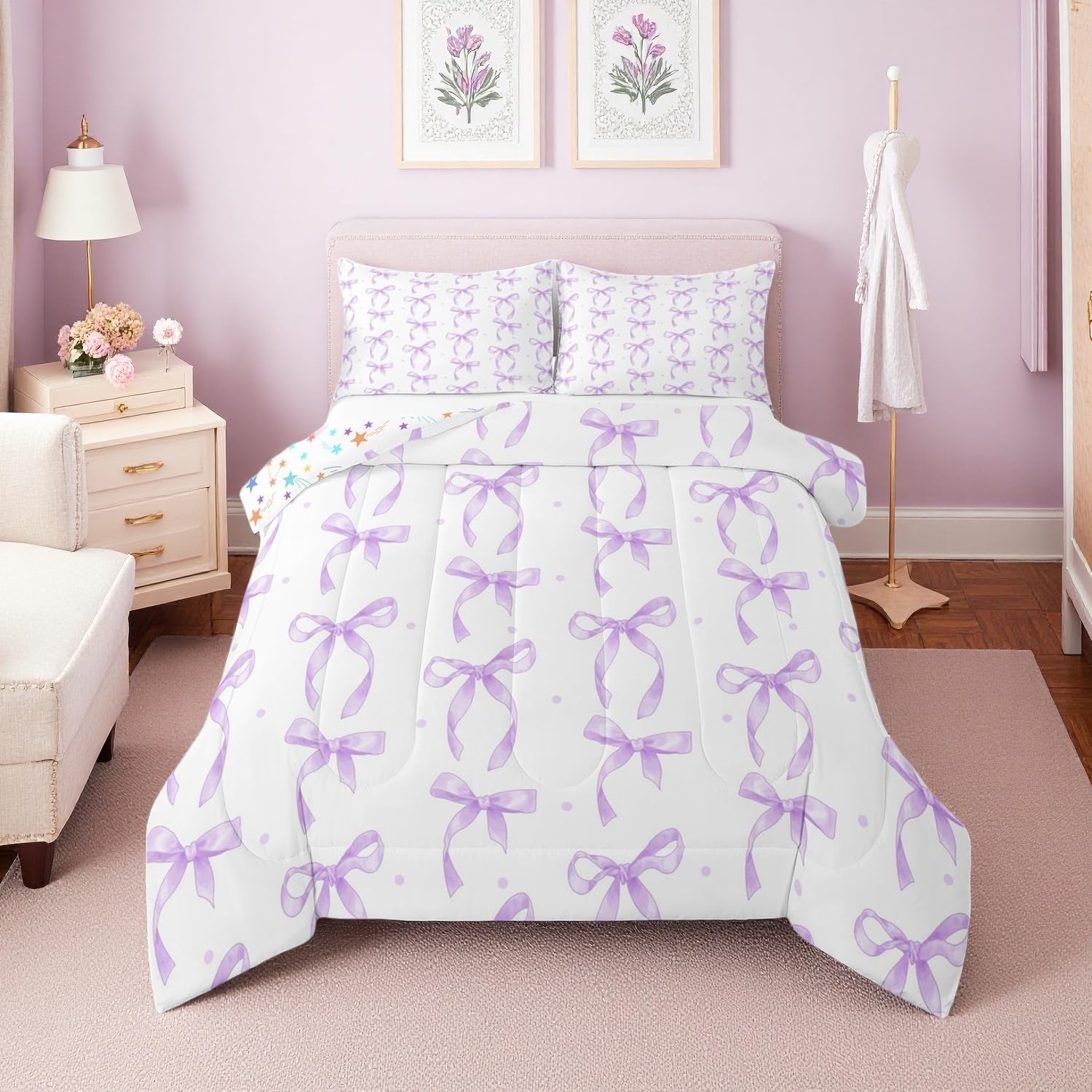 Erosebridal Purple Bowknot King Comforter Set,Purple Ribbon Bow Bedding Set for Girls Women Bedroom Decor,Coquette Bows Quilt Set Dreamy Princess Bow Knot Bed Comforter Sets,2 Pillowcases