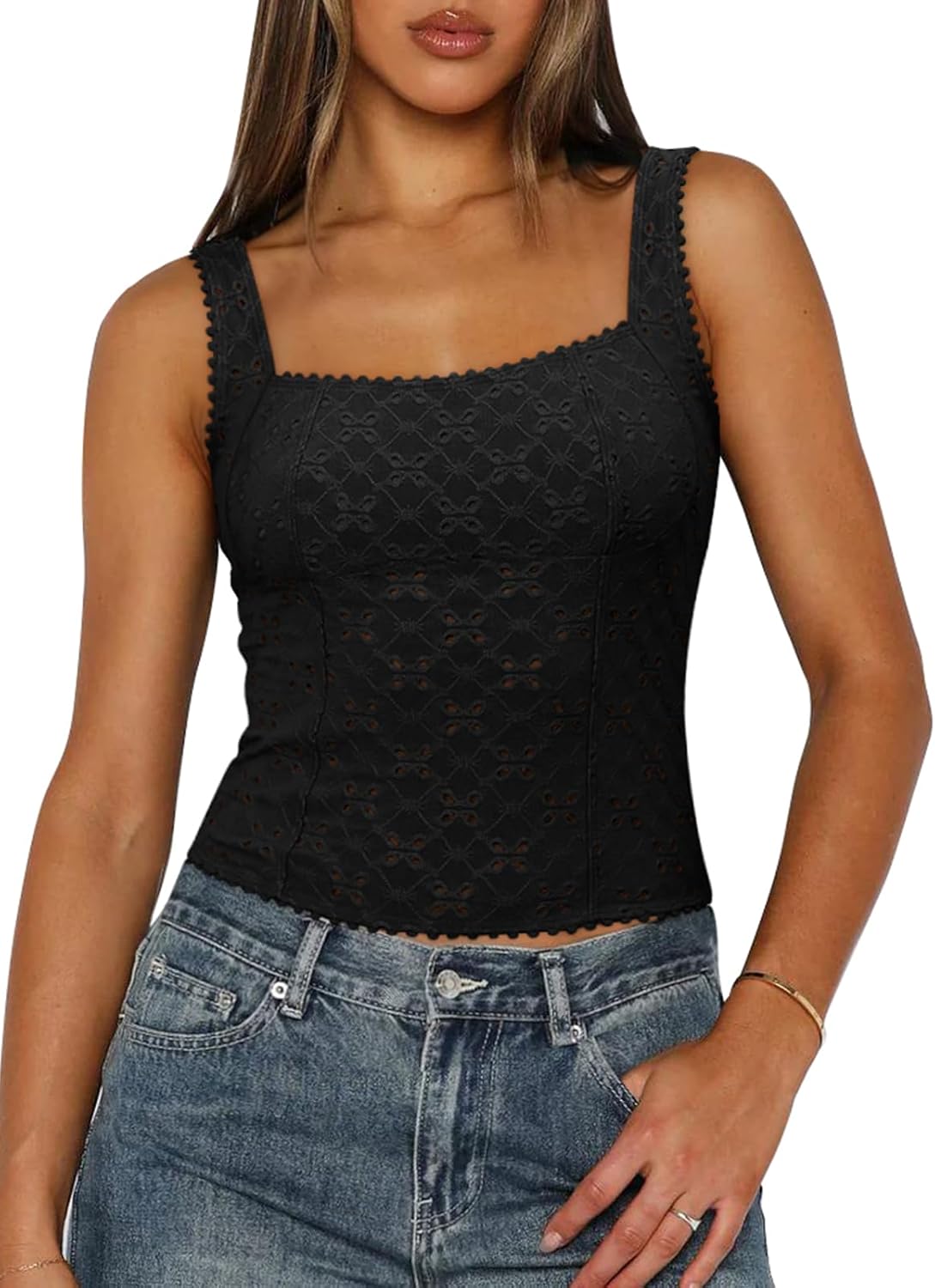 Women's Sexy Square Neck Eyelet Hollow Out Sleeveless Back Cutout Y2K Going Out Double Lined Cropped Tank Tops