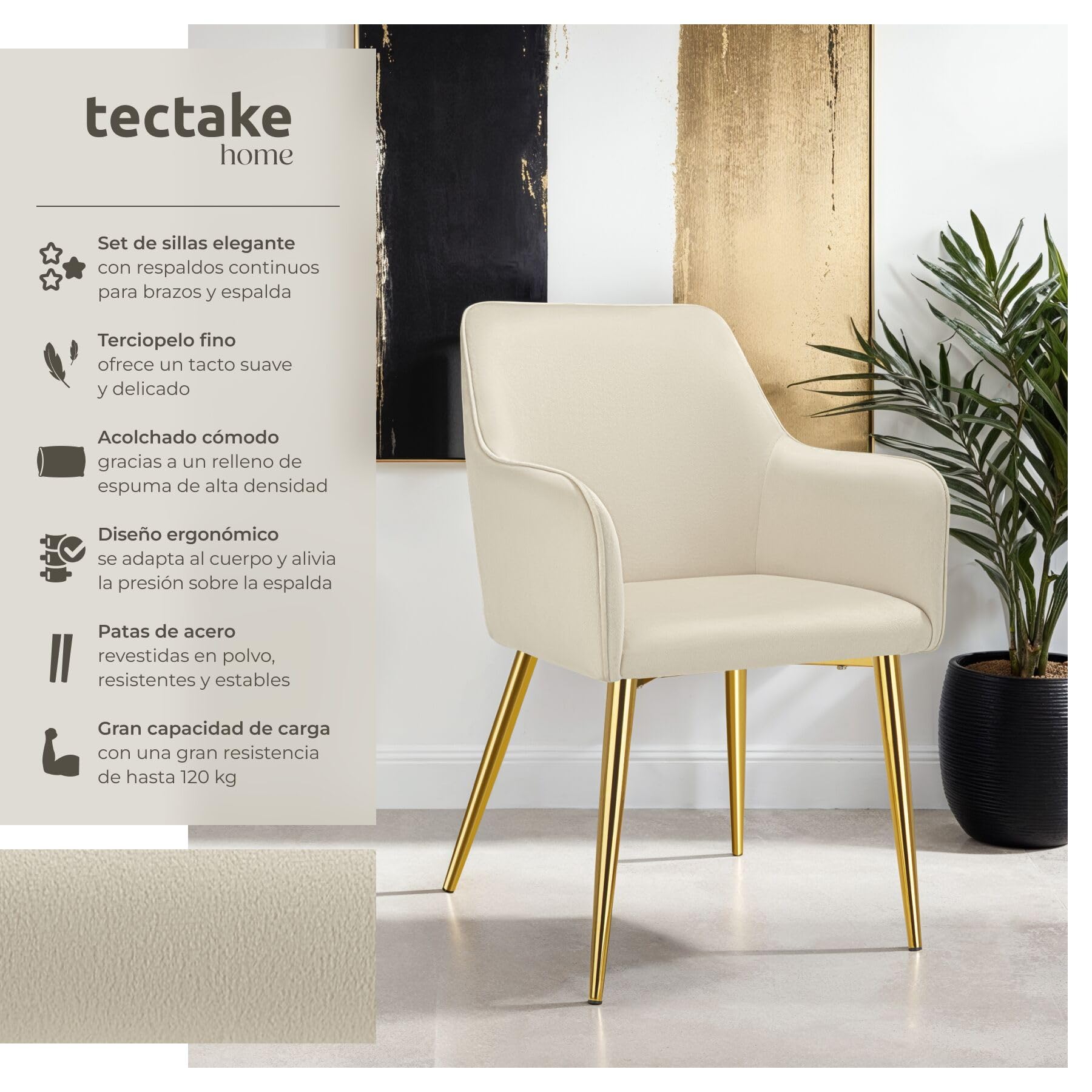 tectake® Silla Tapizada en Terciopelo y con Acolchado de Alta Densidad, Respaldo y Reposabrazos Ergonómicos, Cap. Carga 120 Kg, Estilo Escandinavo, Ideal para Salón y Comedor - 2 Sillas Gris