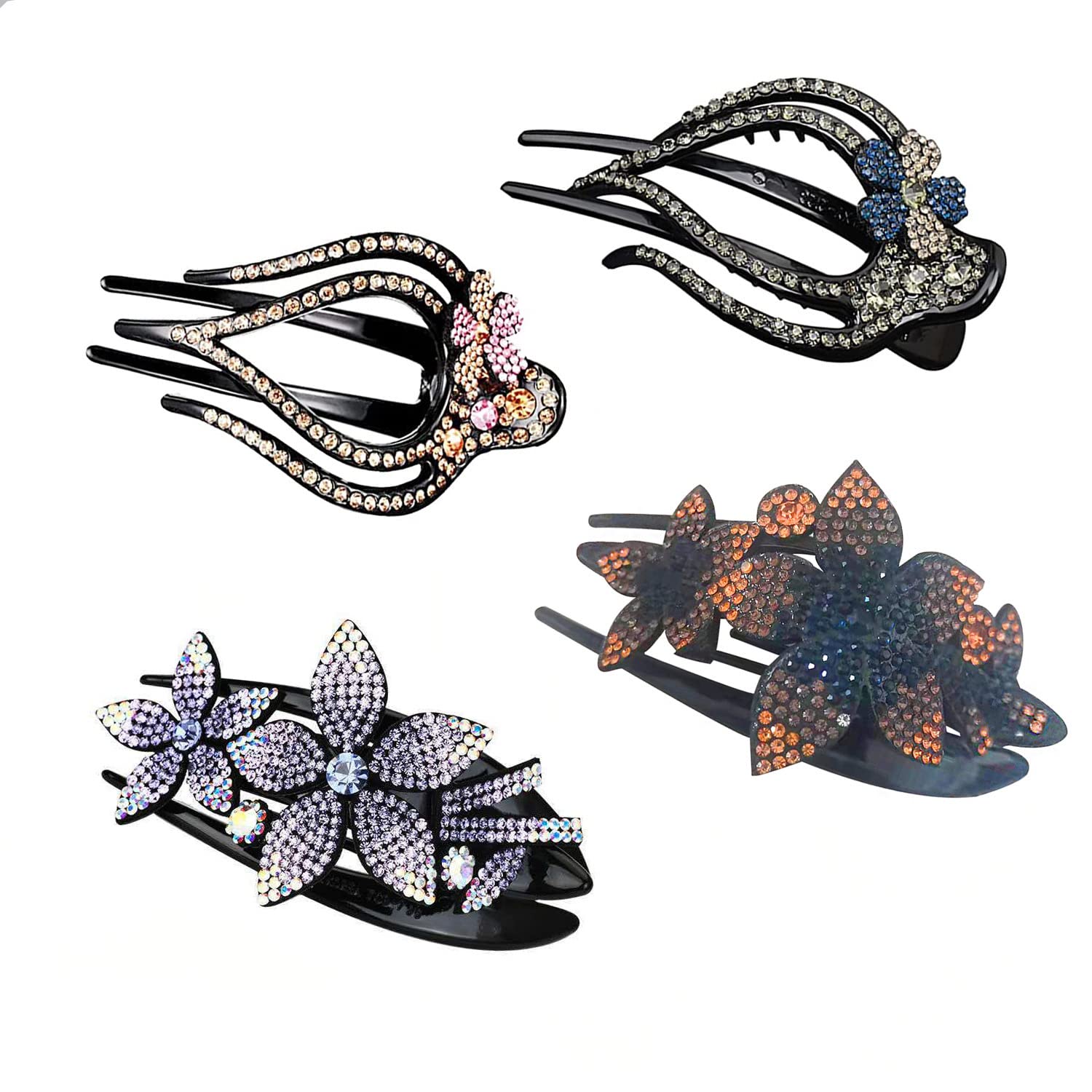 4Pcs Ponytail Hair Clips 2 Styles Flower Rhinestone Hair Clip Duckbill Hair Clips
