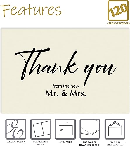Miniatura 3 de Better Office Products Paquete de 120 tarjetas de agradecimiento de boda con sobres, tarjetas de agradecimiento del nuevo señor y señora, 4 x 6