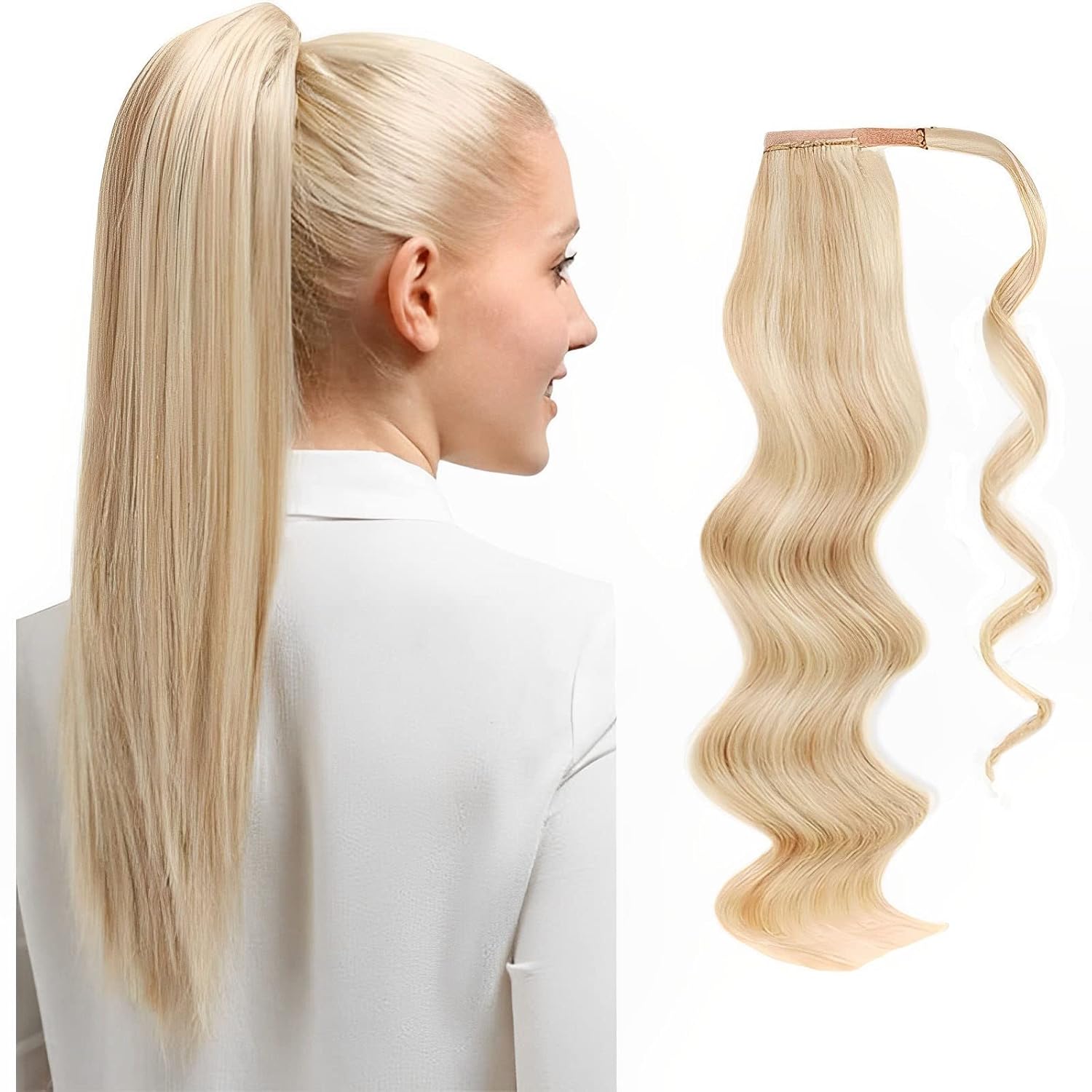 ABH AMAZINGBEAUTY HAIR Clip in Ponytail for Women, Remy Human Hair, Wrap in Easy to Use, 80 Gram, Dirty Blonde with Platinum Blonde Highlights P12-60 Color, 16 Inch
