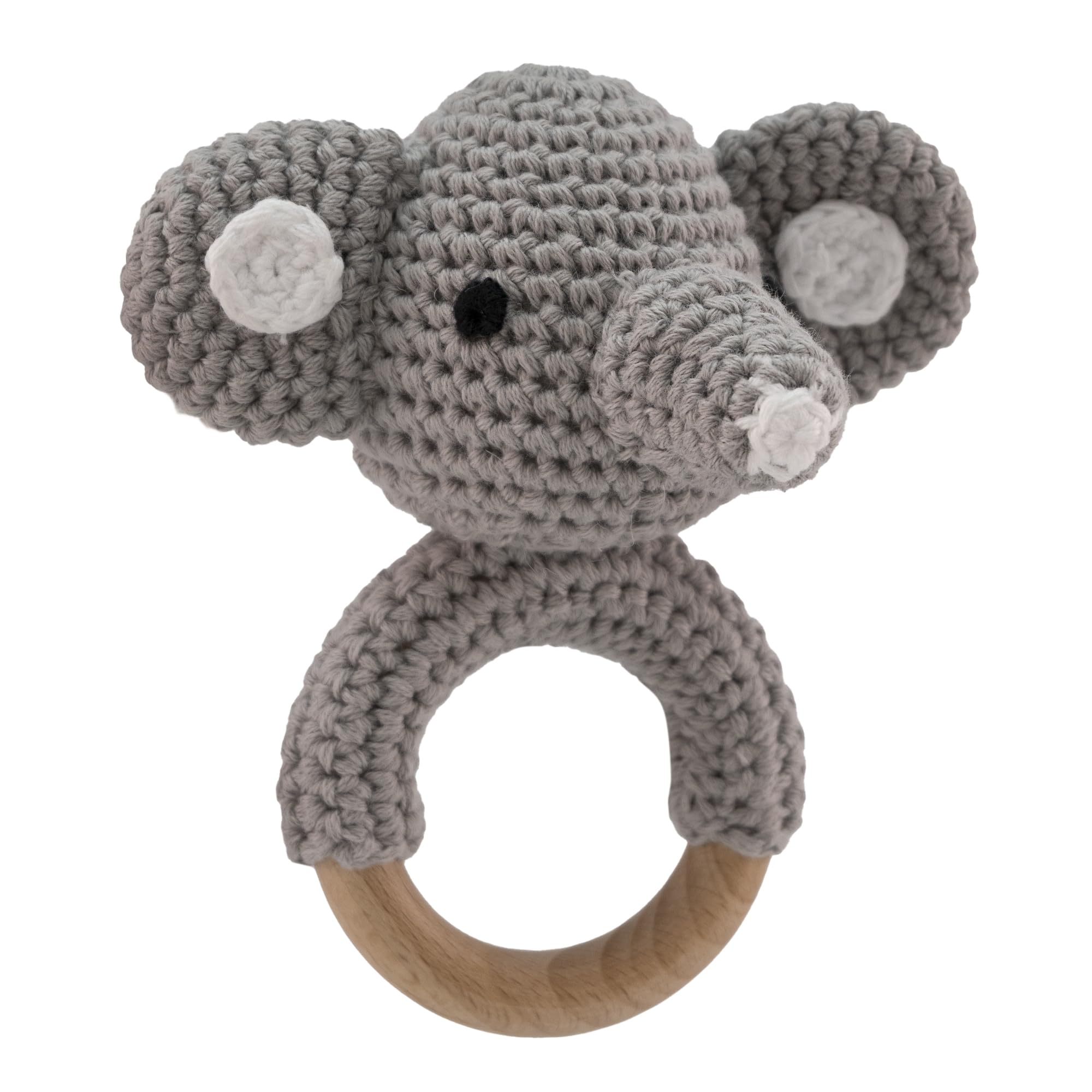 BABYZOCO Sonajero bebe, Sonajero de elefante, juguete recién nacido, sonajero madera, regalo para bebe, sonajero bebe recién nacido, mordedor de madera, Algodón y madera, Diseño elefante, 11 cm, Gris