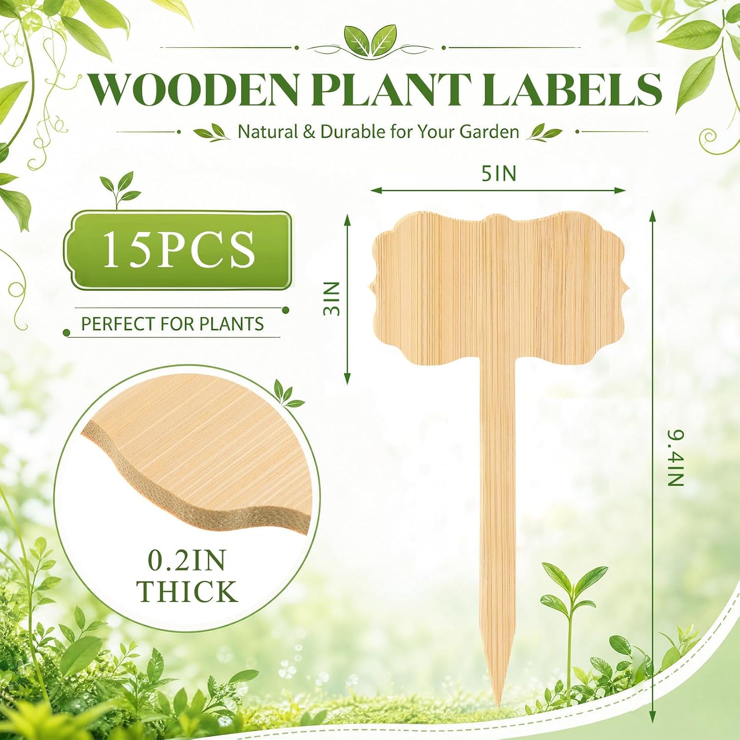 Hicarer 15 Pcs 9.4" x 5" Extra Large Bamboo Garden Markers, Retro Style Natural Wood T-Type Large Plant Labels for Herbs, Flowers & Vegetables – Easy to Read Full-Size Tags for Garden Outdoor image 2