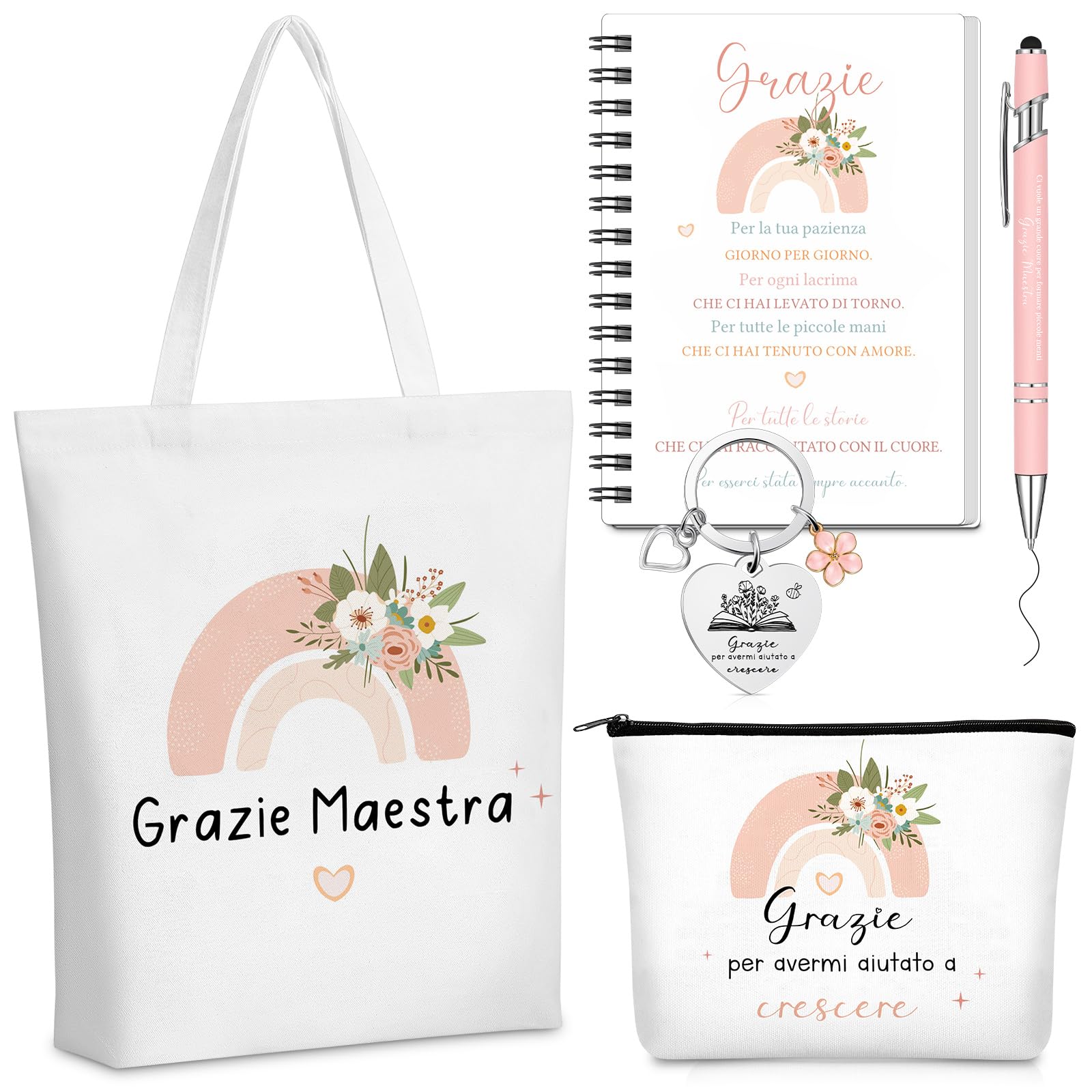 Hestya 5 Pezzi Regalo Maestre Fine Anno Grazie Maestra Borsa Tote per Insegnanti Borsa Comestic Portachiavi Penna a Sfera Taccuini Tascabili Regali Ringraziamento per Insegnante Laurea Compleanno