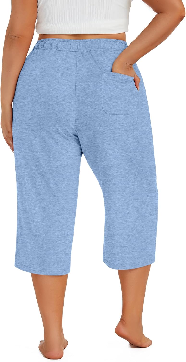 Neer 3 Pack Women's Plus Size Capris, Cotton Wide Leg Pants Casual Drawstring Capri Sweatpants Drawstring Pants with Pockets