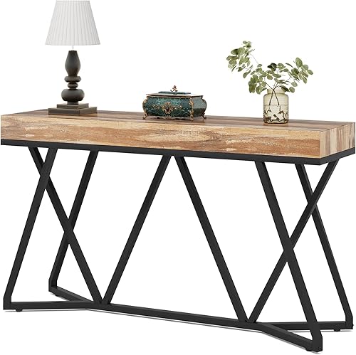 Miniatura 8 de Tribesigns Mesa de consola de 55 pulgadas, mesa de sofá de granja de madera con base de metal única, mesa de vestíbulo, mesa decorativa industrial