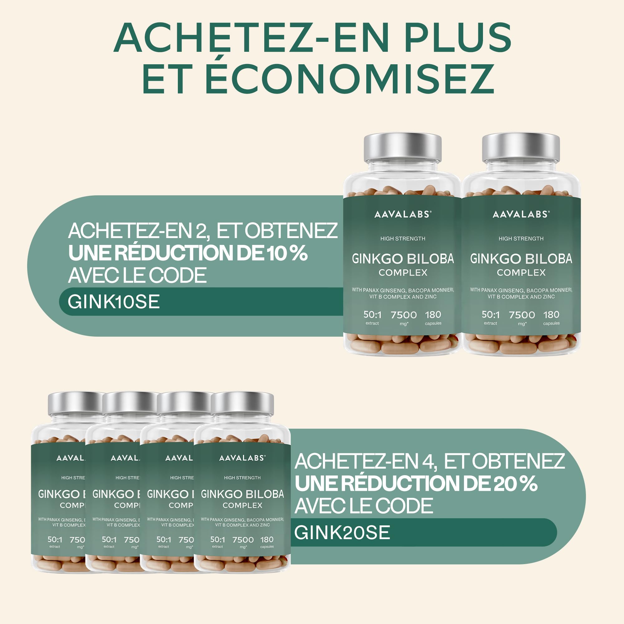 Ginkgo Biloba 7500mg 50:1 avec Panax Ginseng Rouge de Corée, Bacopa Monnieri, Zinc, Vitamine B Complex - Nootropique Puissant Circulation Sanguine, Memoire et Concentration, Energie - 180 Capsules