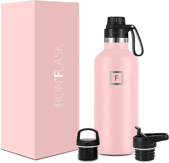 IRON °FLASK Sports Water Bottle - 945 ml, 3 Lids (Straw Lid), Vacuum Insulated Stainless Steel, Hot Cold, Double Walled, Thermo Mug, Standard Metal Canteen (Rose)