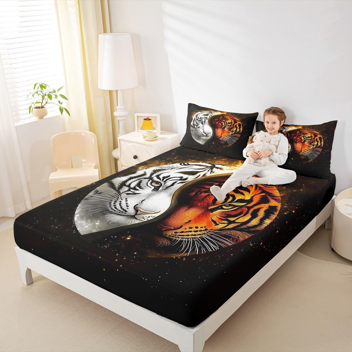 Tiger Tai Chi Fitted Sheet,Wild Jungle Cool Animals Decor Bedding Set for Kids Teens Adults,Chinese Style Pattern Competition Theme Bed Sheet with 2 Pillowcases(No Top Sheet),Queen Size 3 Pcs