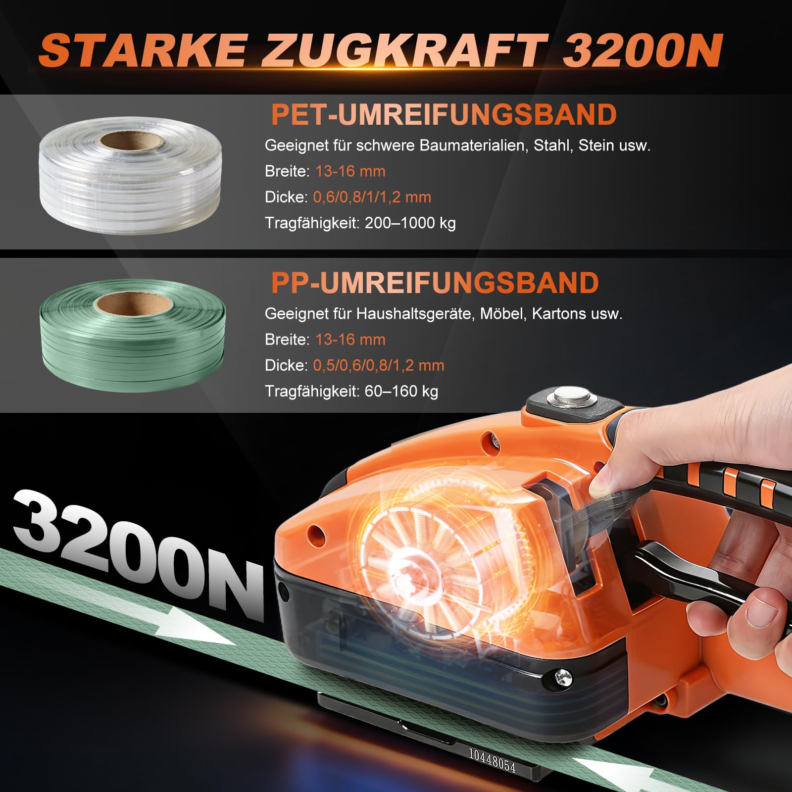 Umreifungsgerät Akku für 13-16 mm PP-/PET-Band mit Digitaldisplay, 2 x 4000 mAh Akku, 900-3500N Elektrische Umreifungsmaschine Mit Kunststoffkasten Umreifungsgerät Elektrisch für Paletten