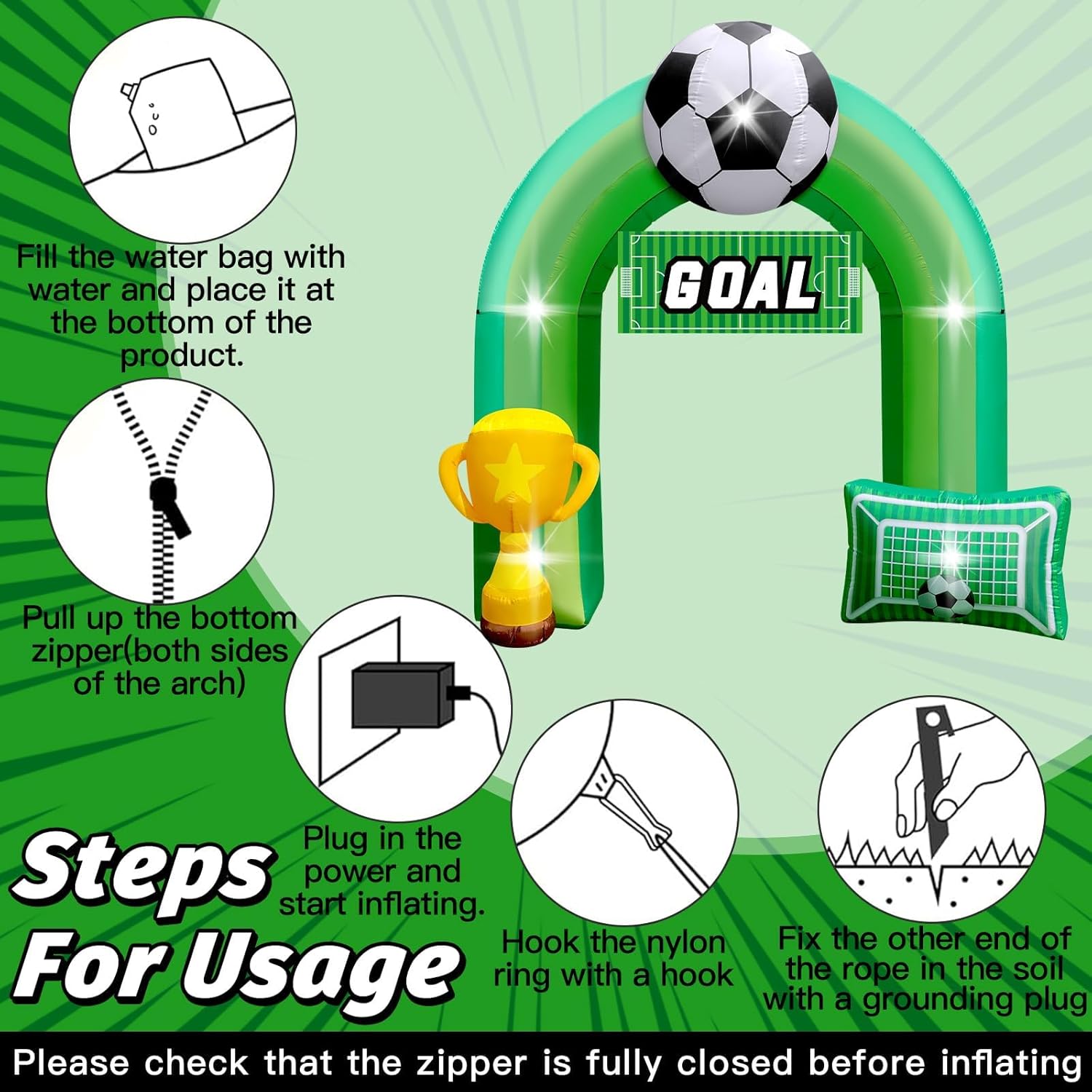 9 FT Giant Soccer Inflatable Arch for Soccer Birthday Party Decoration with “Goal” Banner 1 Blower and 5 LED Light for Soccer Field Club Team Coach Community Competition Outdoor Blow-up Decor