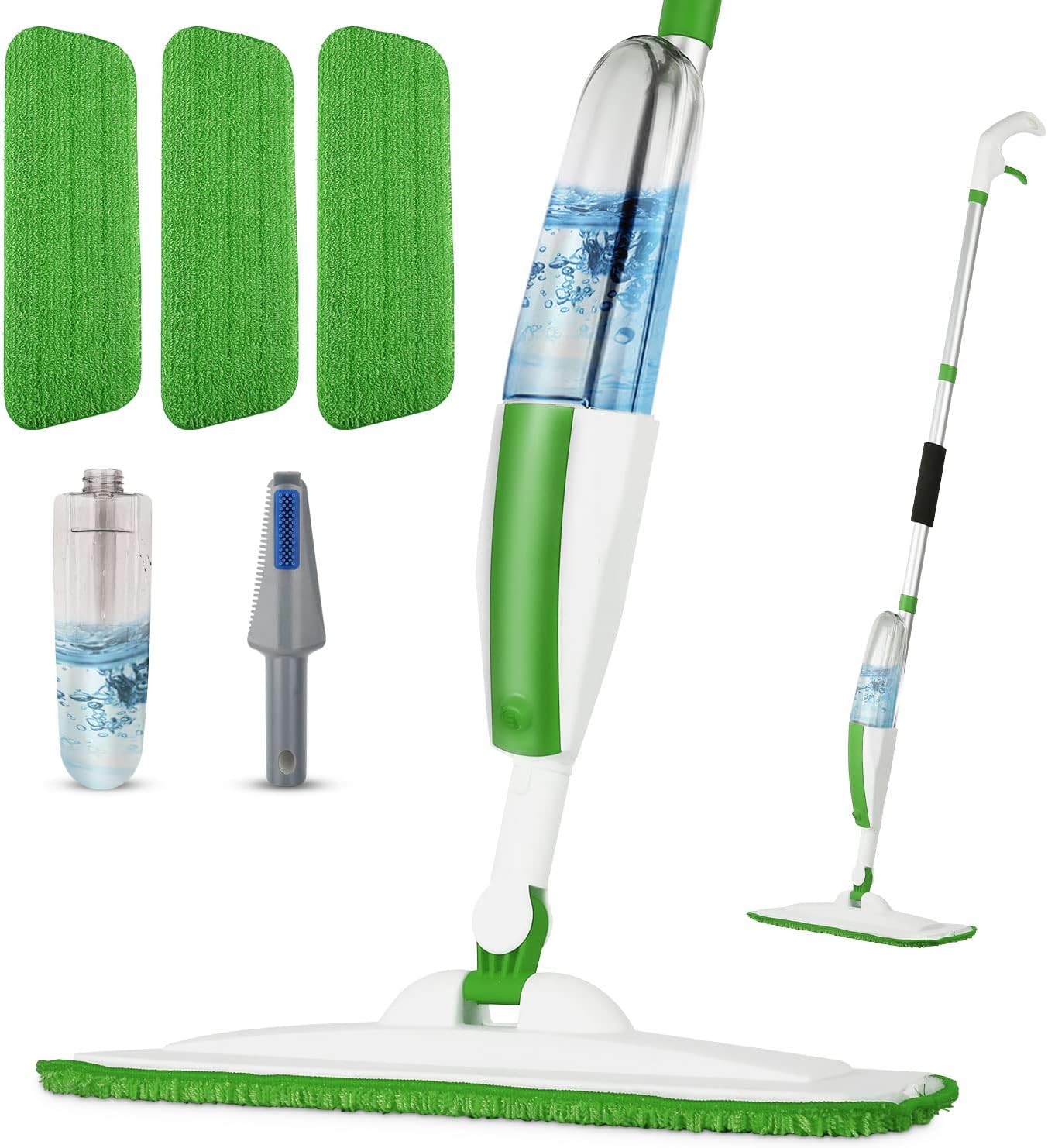 Mops for Floor Cleaning Microfiber Spray Mop with 3 Washable Reusable Pads, a Refillable 14 oz Bottle and Scrubber Wet Dry Flat Sweep Mop with 360 Degree Swivel Head for Home Hardwood Laminate, Green