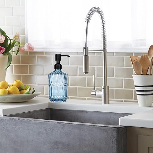 Miniatura 4 de Dispensador de jabón de vidrio grueso verde oscuro de 18 onzas con bomba negra a prueba de óxido recargable, dispensador de jabón de cocina para